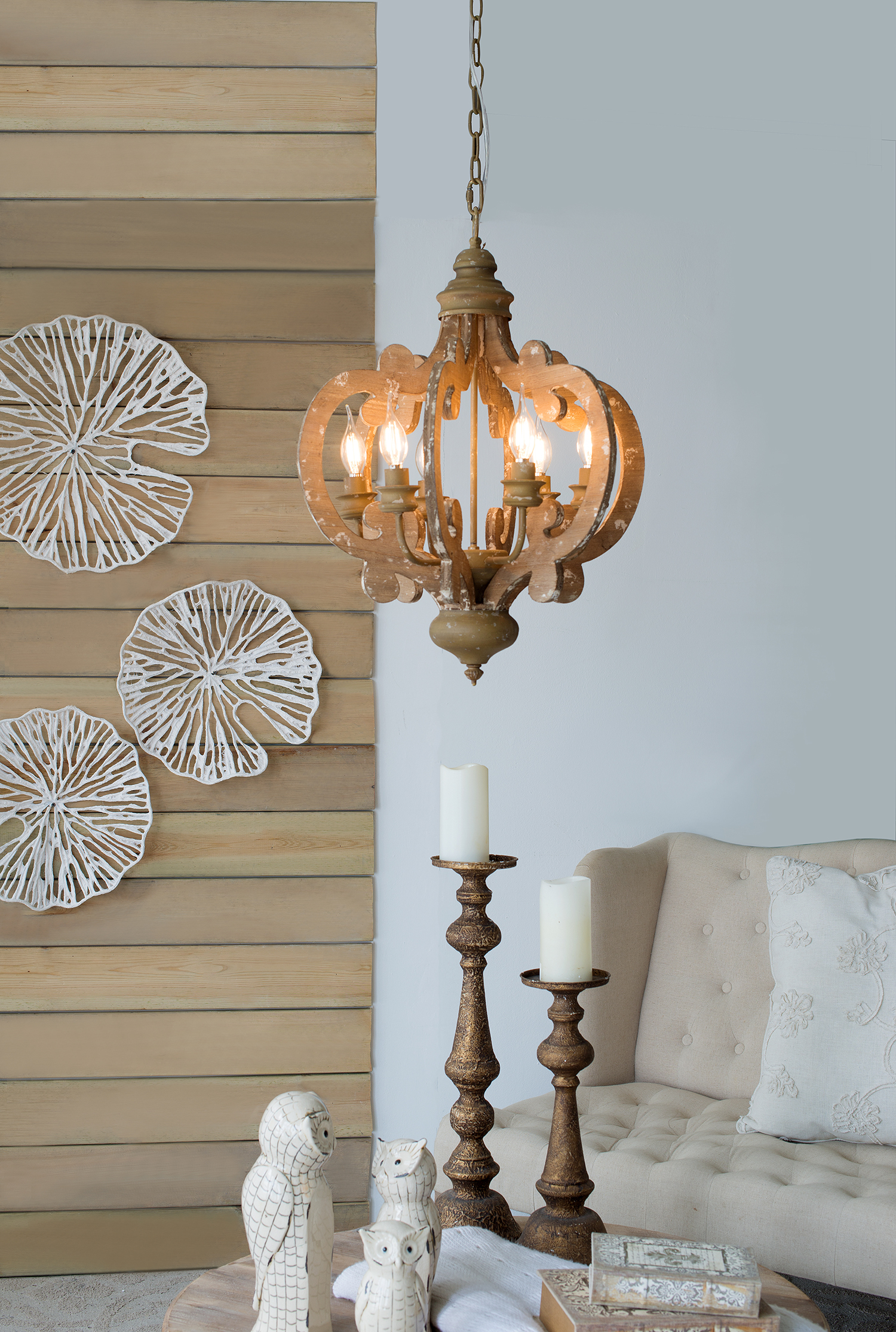 Anmytek Farmhouse 6‑Light Wood Chandelier Adjustable Chain Pendant Light Fixture for Dining Room Living Room Entryway Bulb Not Included
