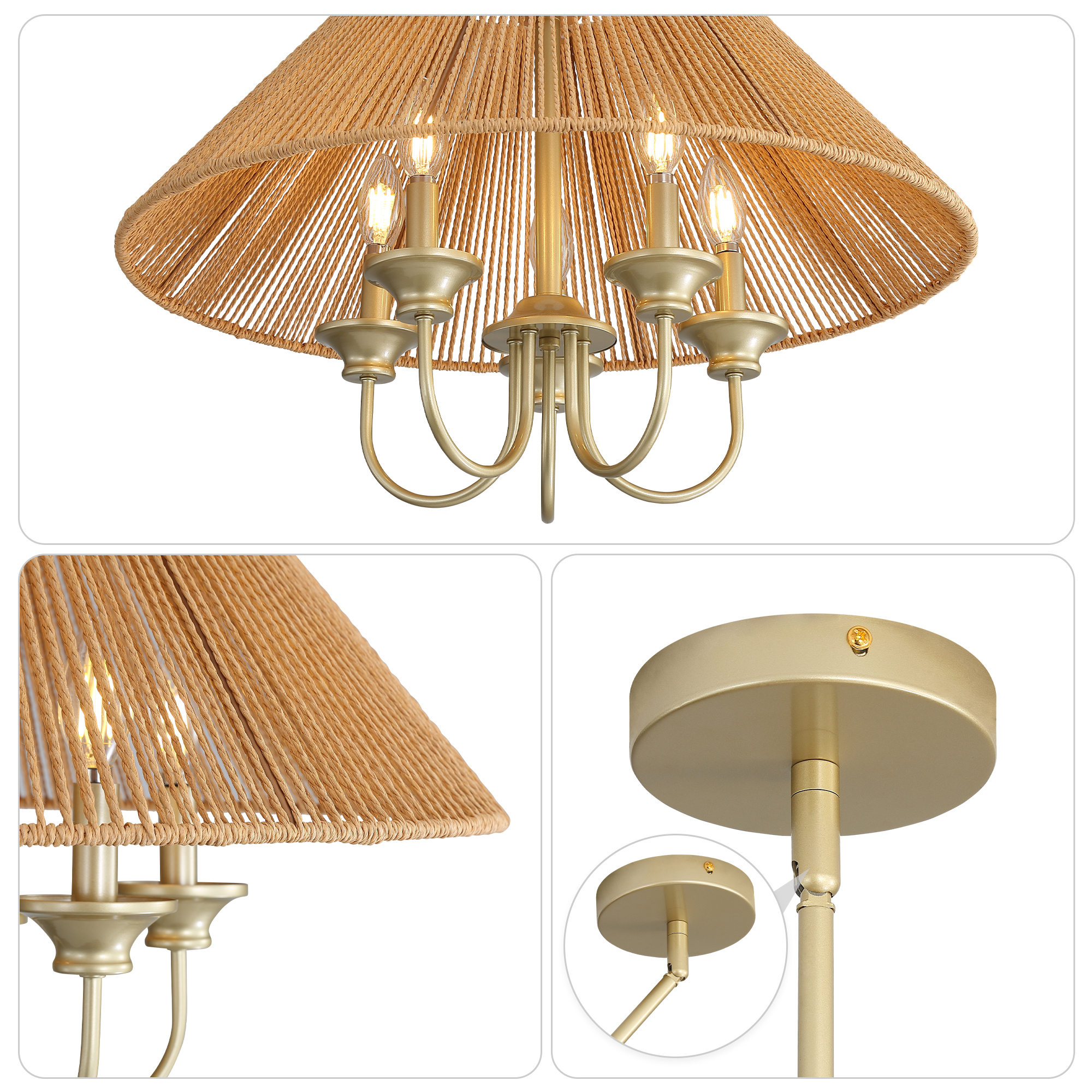 Anmytek Boho Hanging Pendant Light 15cm Down Rod Beige Paper Rope Lampshade Iron Ceiling Light Fixture with 12cm Canopy for Dining Room Kitchen Living Room