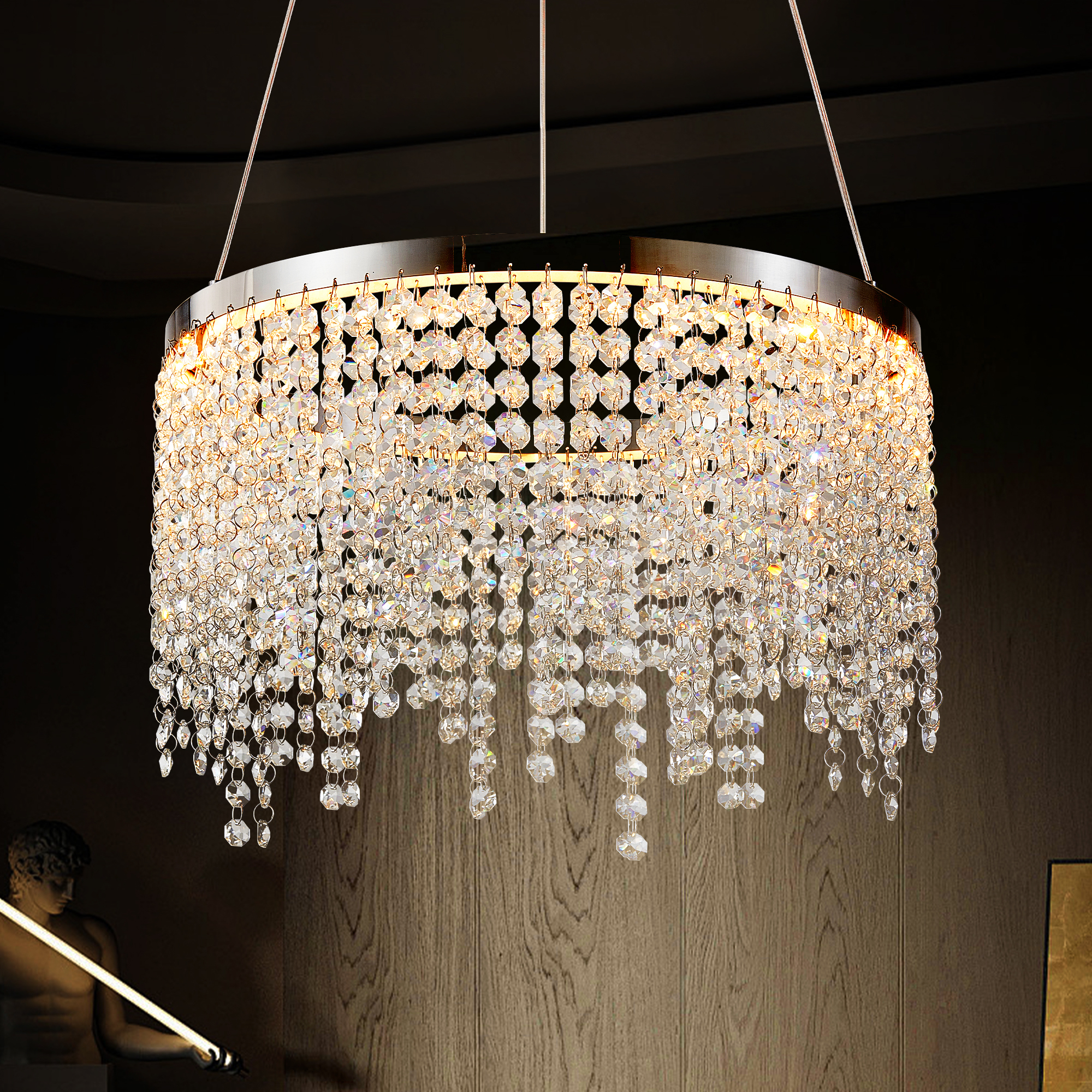 Anmytek 16‑Inch Luxury Crystal LED Chandelier Adjustable Height Color Temperature 3000K‑6000K Modern Pendant Light for Living Room Dining Room Bedroom