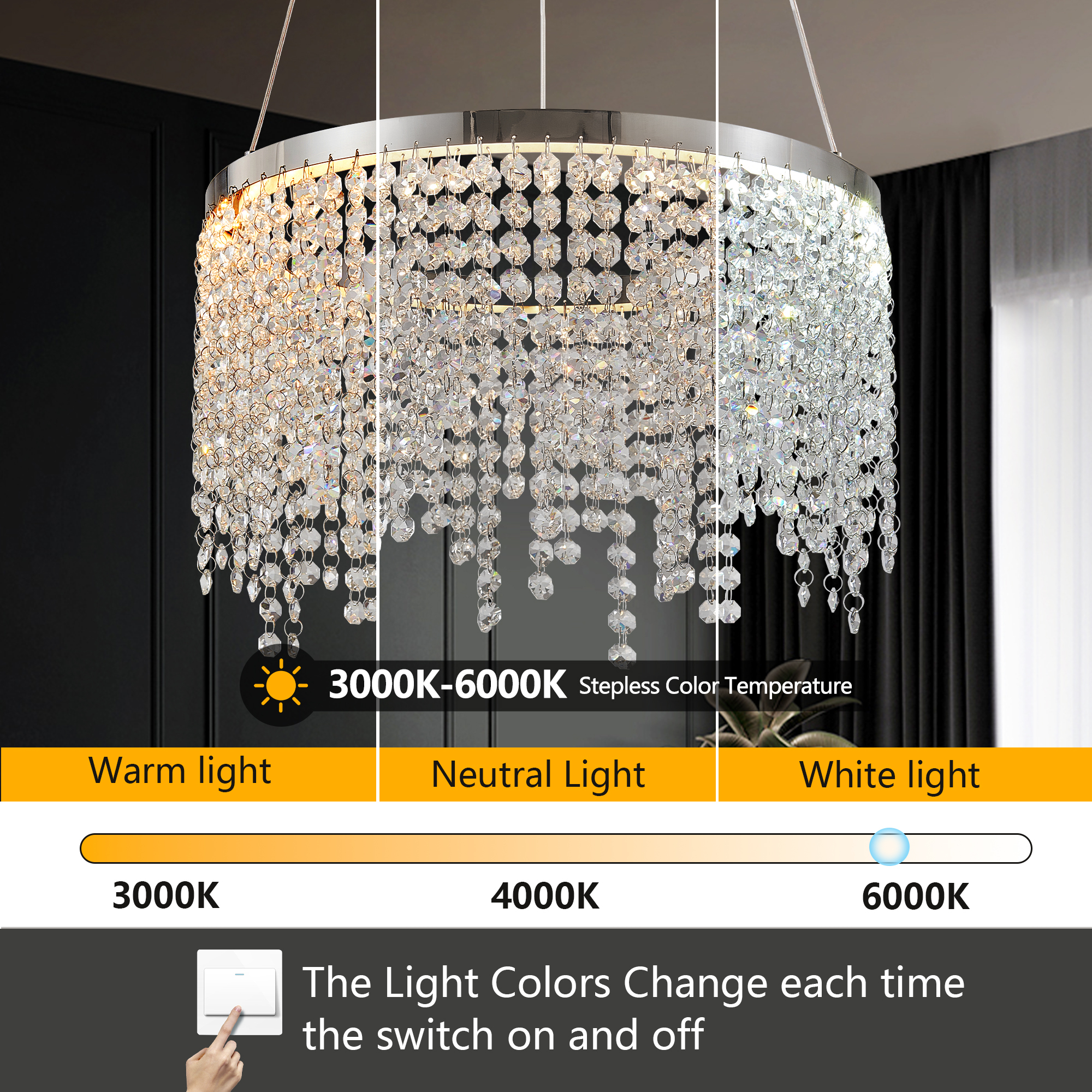 Anmytek 16‑Inch Luxury Crystal LED Chandelier Adjustable Height Color Temperature 3000K‑6000K Modern Pendant Light for Living Room Dining Room Bedroom