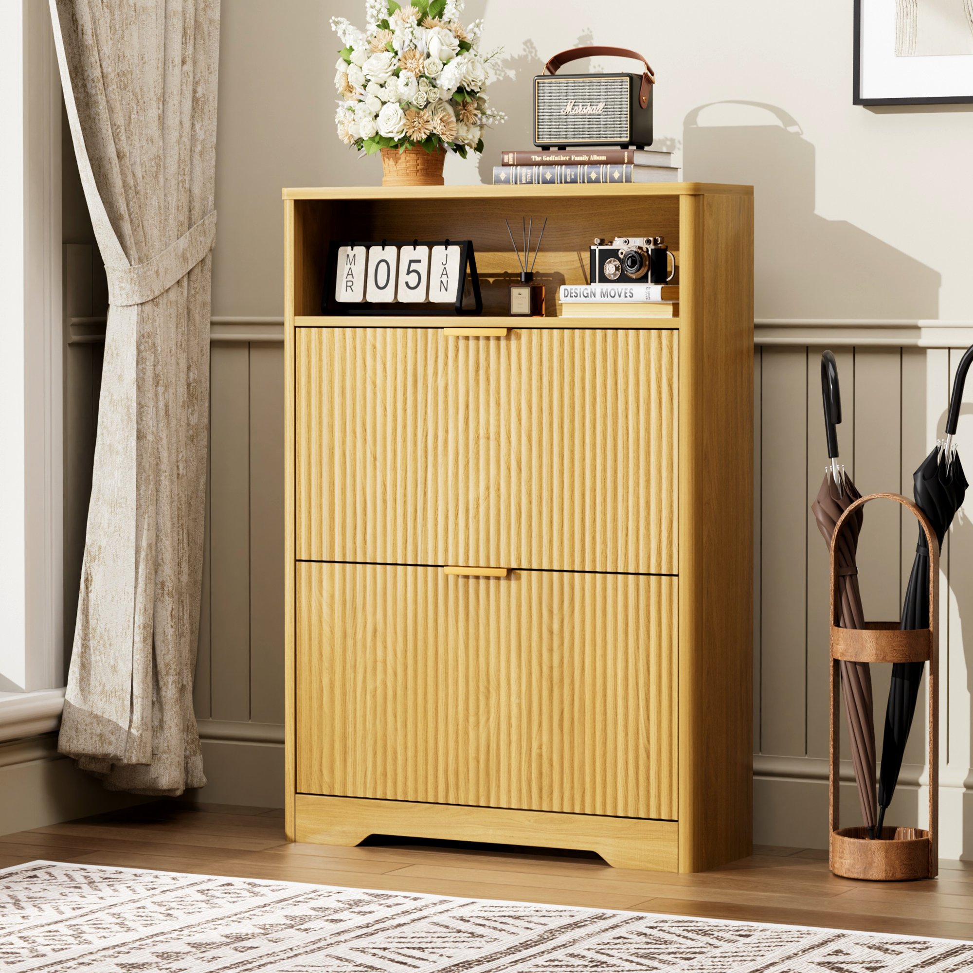 Anmytek Tall Free Standing Shoe Cabinet 2 Flip Drawers Hidden Shoe Storage Organizer for Entryway Foyer Hallway Natural Finish