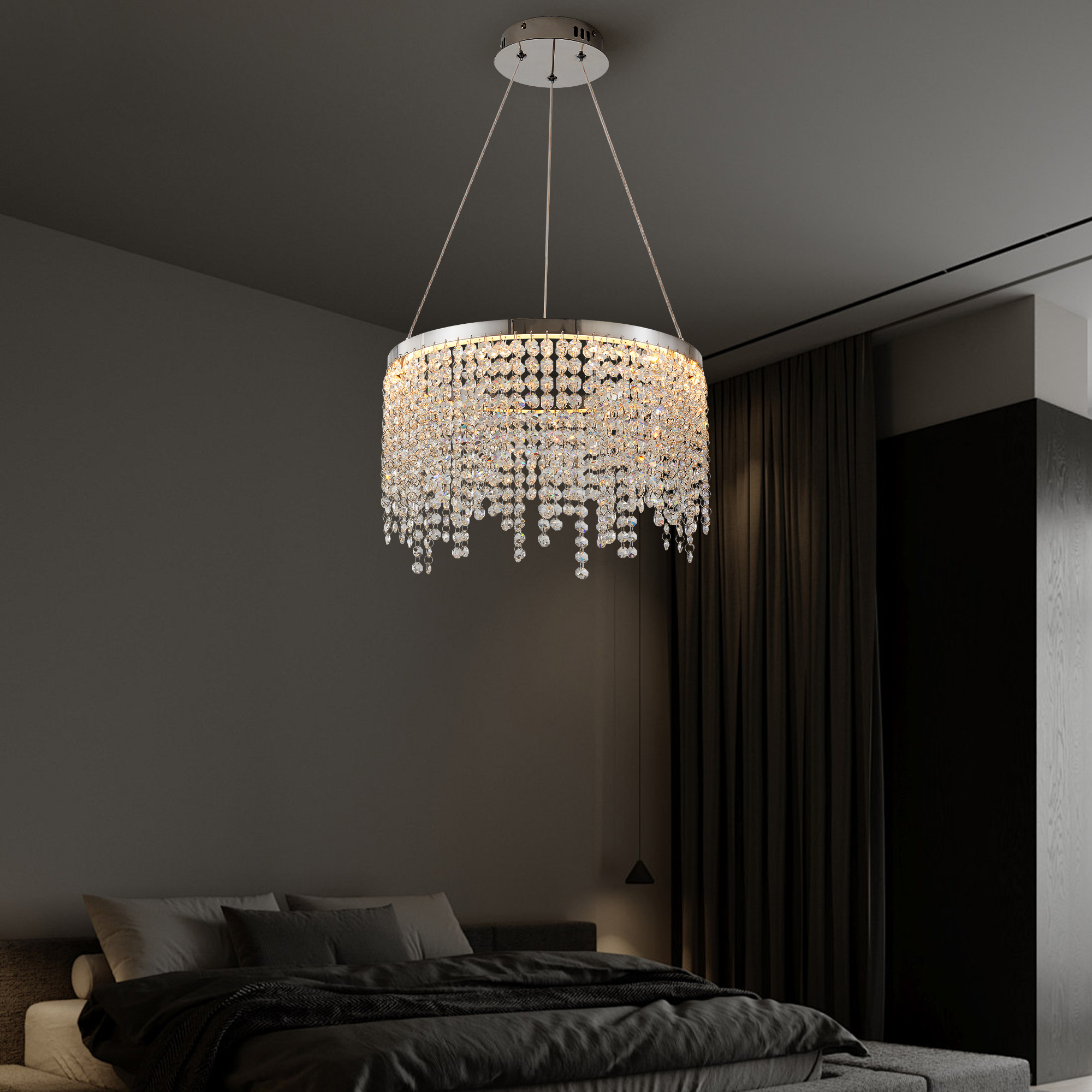 Anmytek 16‑Inch Luxury Crystal LED Chandelier Adjustable Height Color Temperature 3000K‑6000K Modern Pendant Light for Living Room Dining Room Bedroom