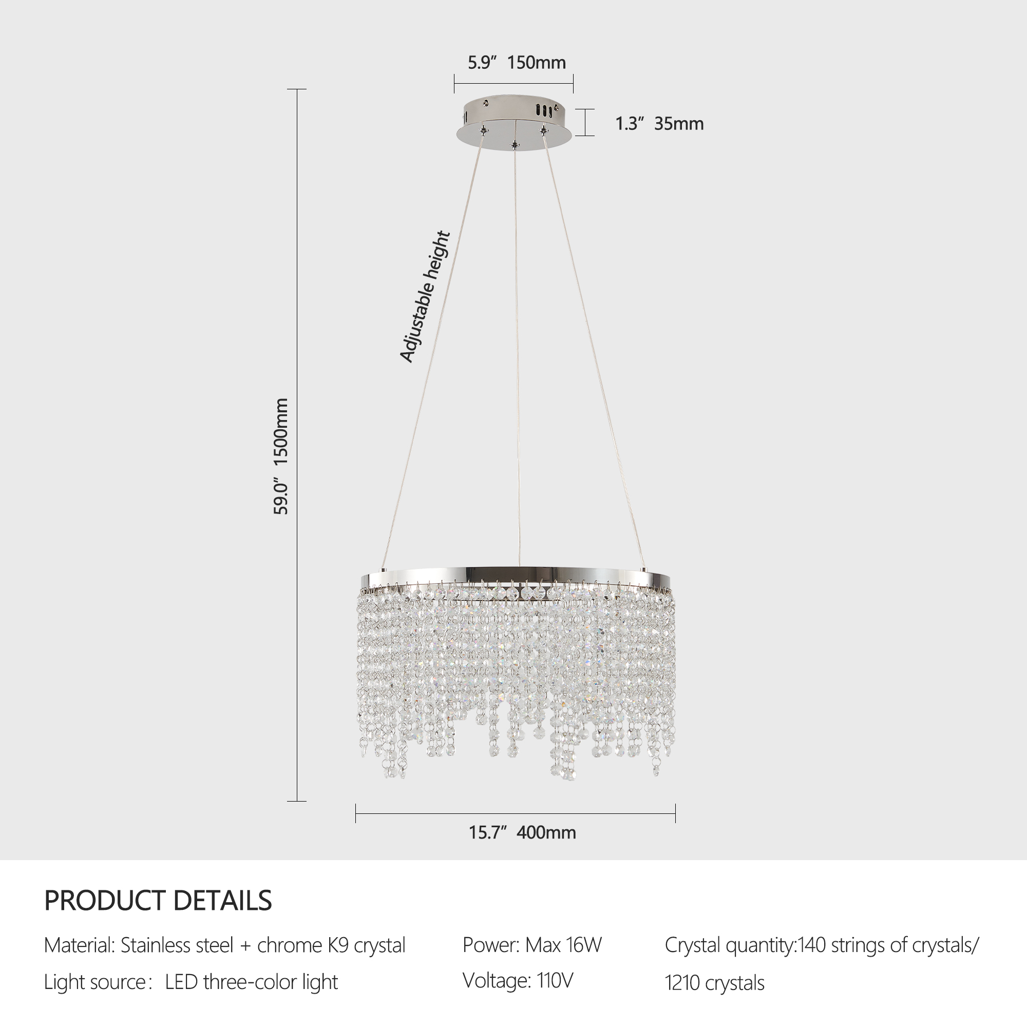 Anmytek 16‑Inch Luxury Crystal LED Chandelier Adjustable Height Color Temperature 3000K‑6000K Modern Pendant Light for Living Room Dining Room Bedroom