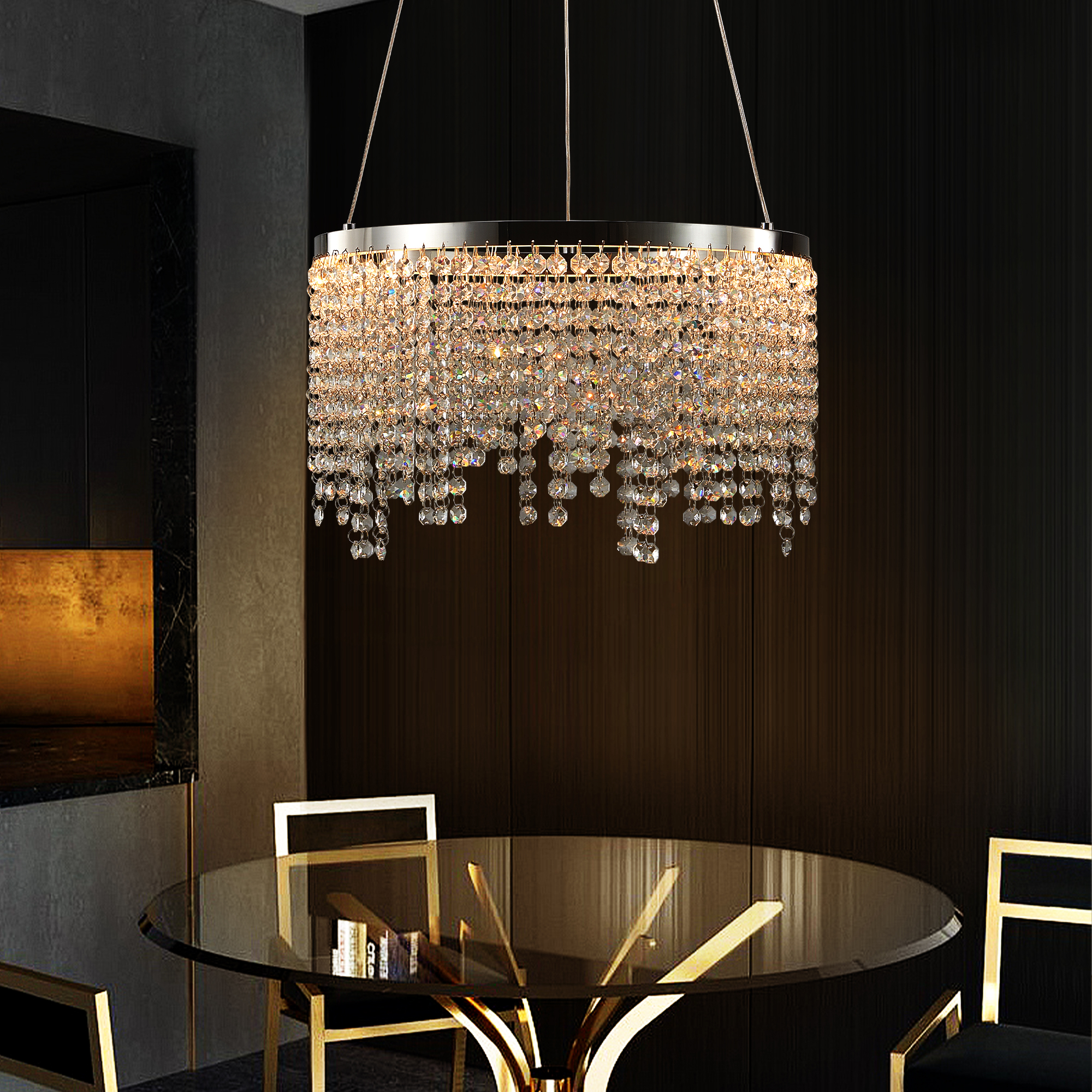 Anmytek 16‑Inch Luxury Crystal LED Chandelier Adjustable Height Color Temperature 3000K‑6000K Modern Pendant Light for Living Room Dining Room Bedroom
