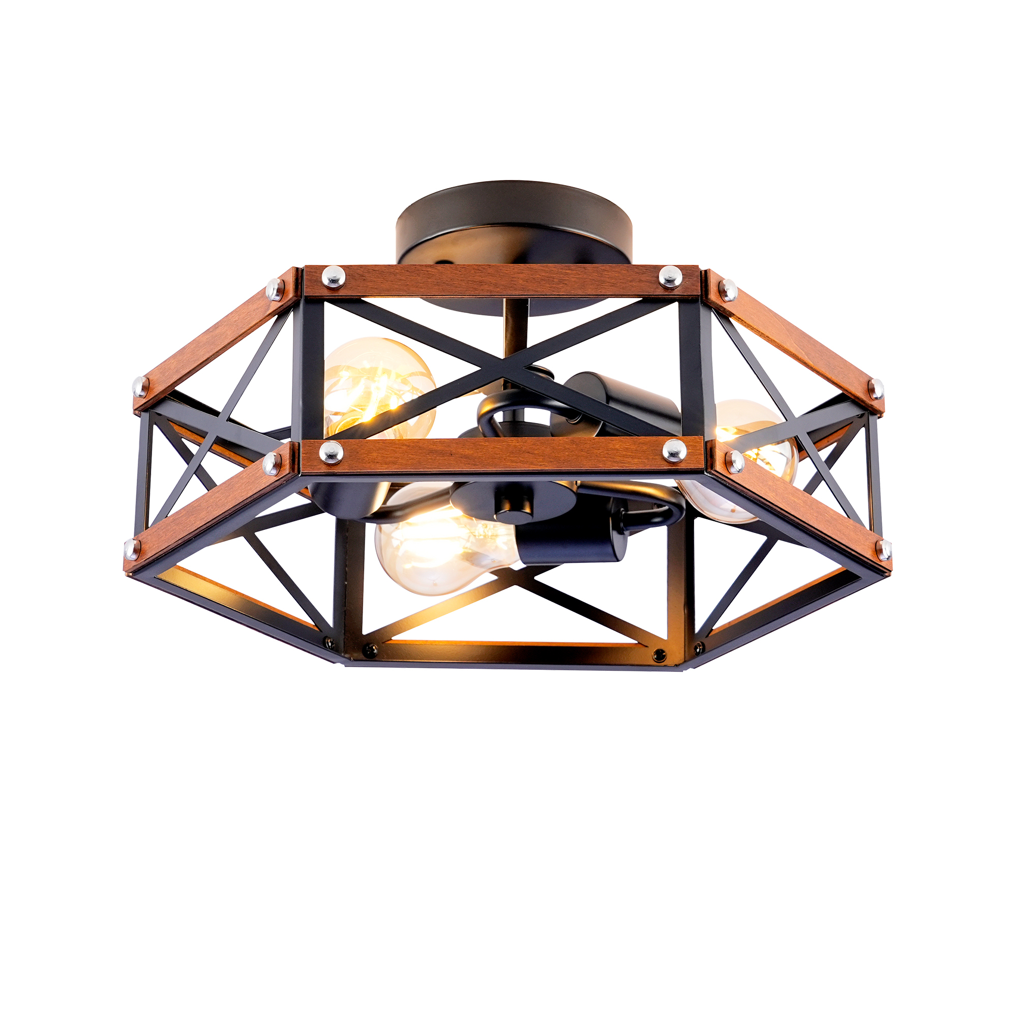 Anmytek 14.57‑Inch Rustic Farmhouse Wood and Metal Cage Semi Flush Mount Ceiling Light Fixture Matte Black for Hallway Entry Dining Bedroom Living Room