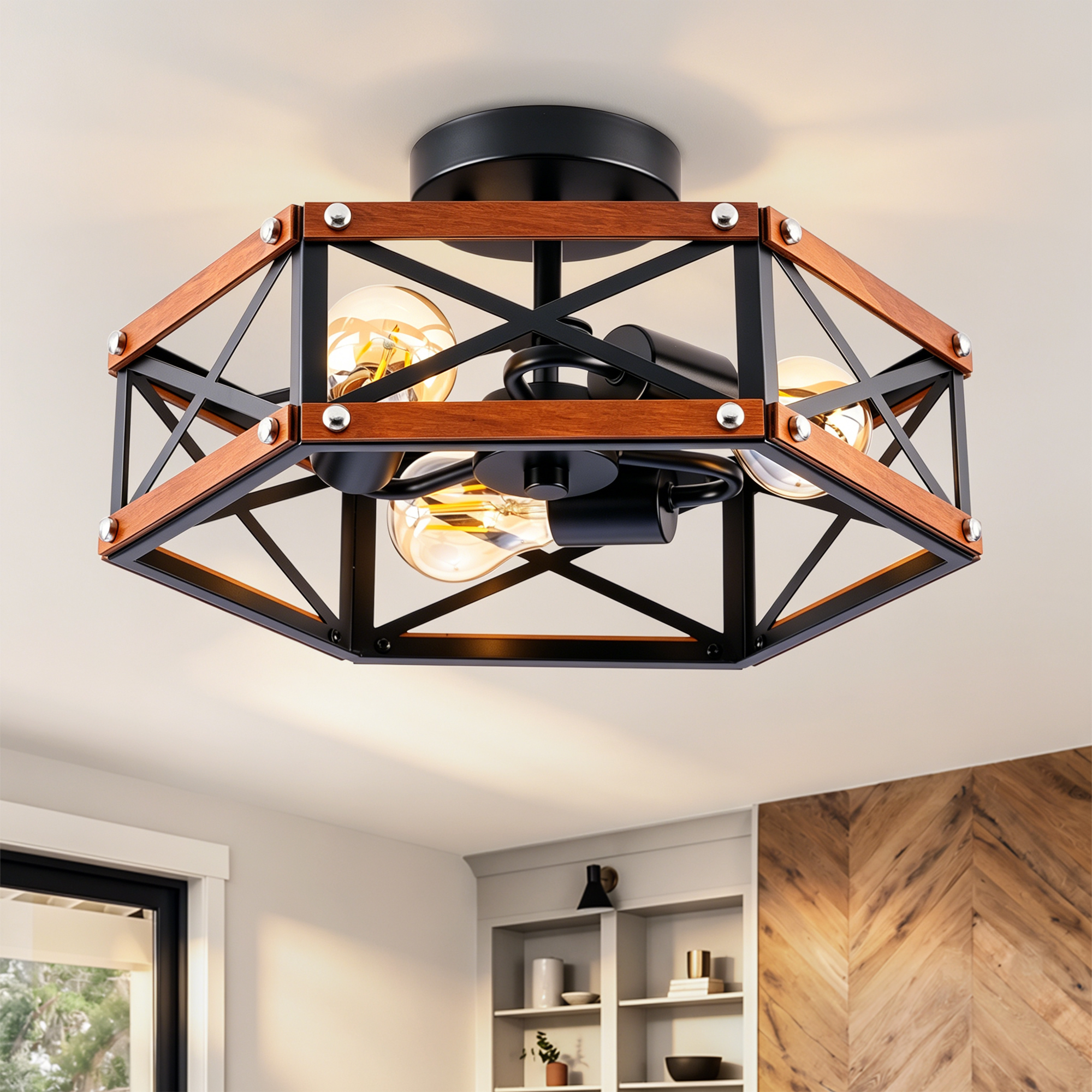 Anmytek 14.57‑Inch Rustic Farmhouse Wood and Metal Cage Semi Flush Mount Ceiling Light Fixture Matte Black for Hallway Entry Dining Bedroom Living Room