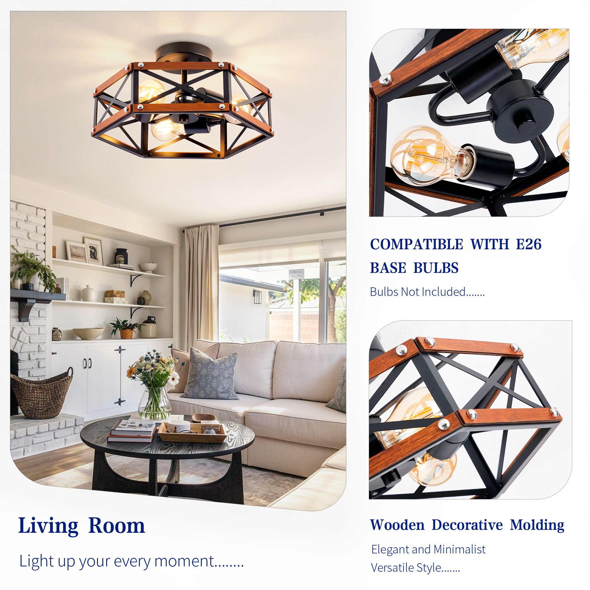 Anmytek 14.57‑Inch Rustic Farmhouse Wood and Metal Cage Semi Flush Mount Ceiling Light Fixture Matte Black for Hallway Entry Dining Bedroom Living Room