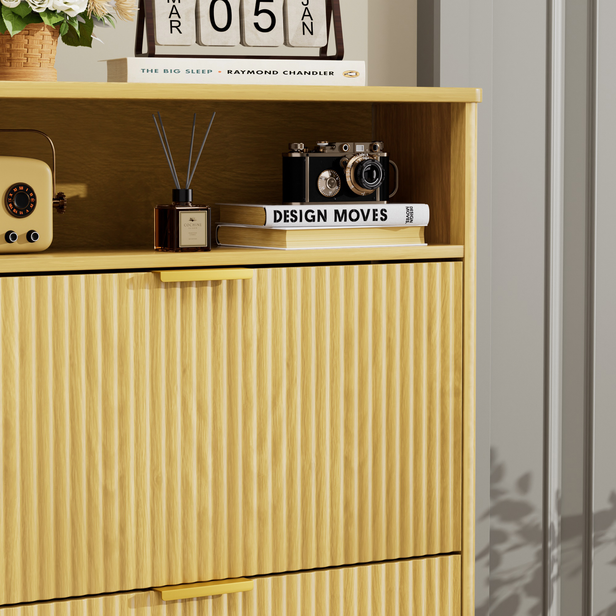 Anmytek Tall Free Standing Shoe Cabinet 2 Flip Drawers Hidden Shoe Storage Organizer for Entryway Foyer Hallway Natural Finish