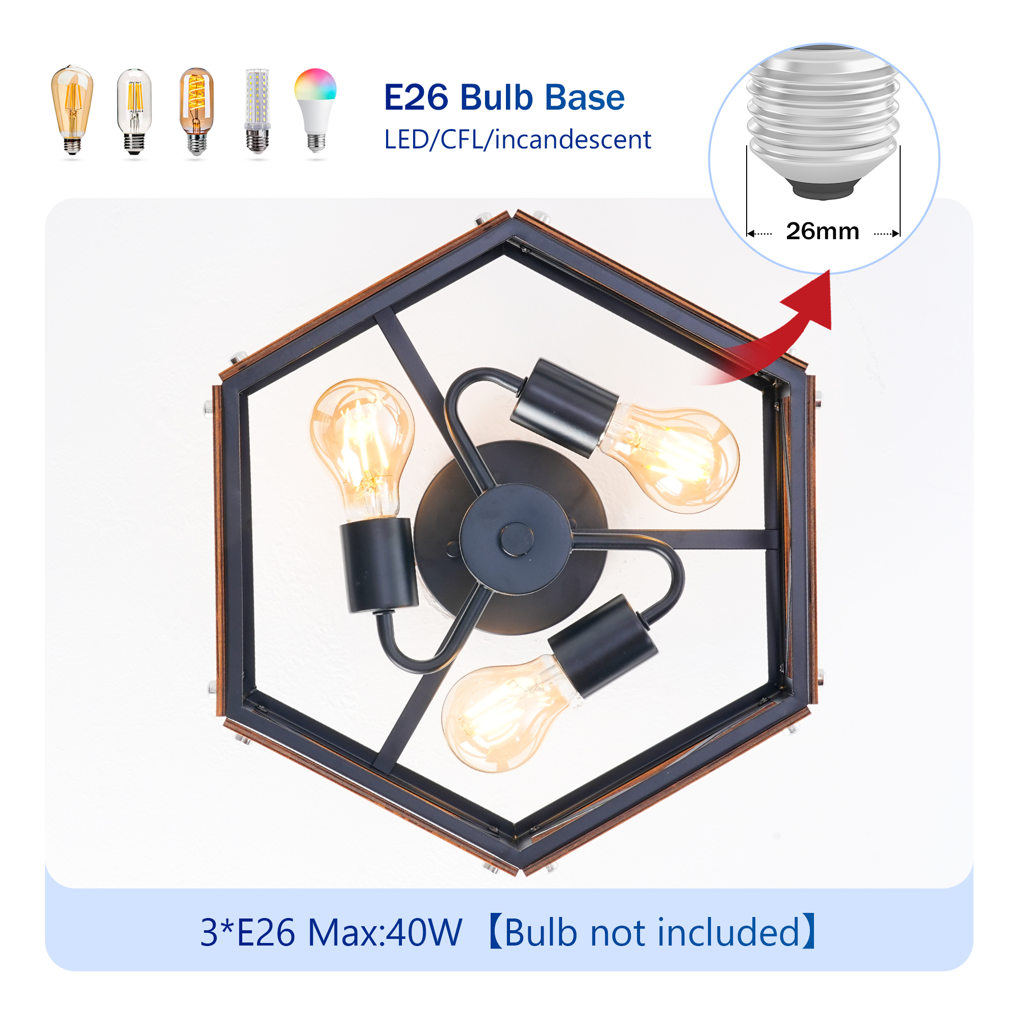 Anmytek 14.57‑Inch Rustic Farmhouse Wood and Metal Cage Semi Flush Mount Ceiling Light Fixture Matte Black for Hallway Entry Dining Bedroom Living Room