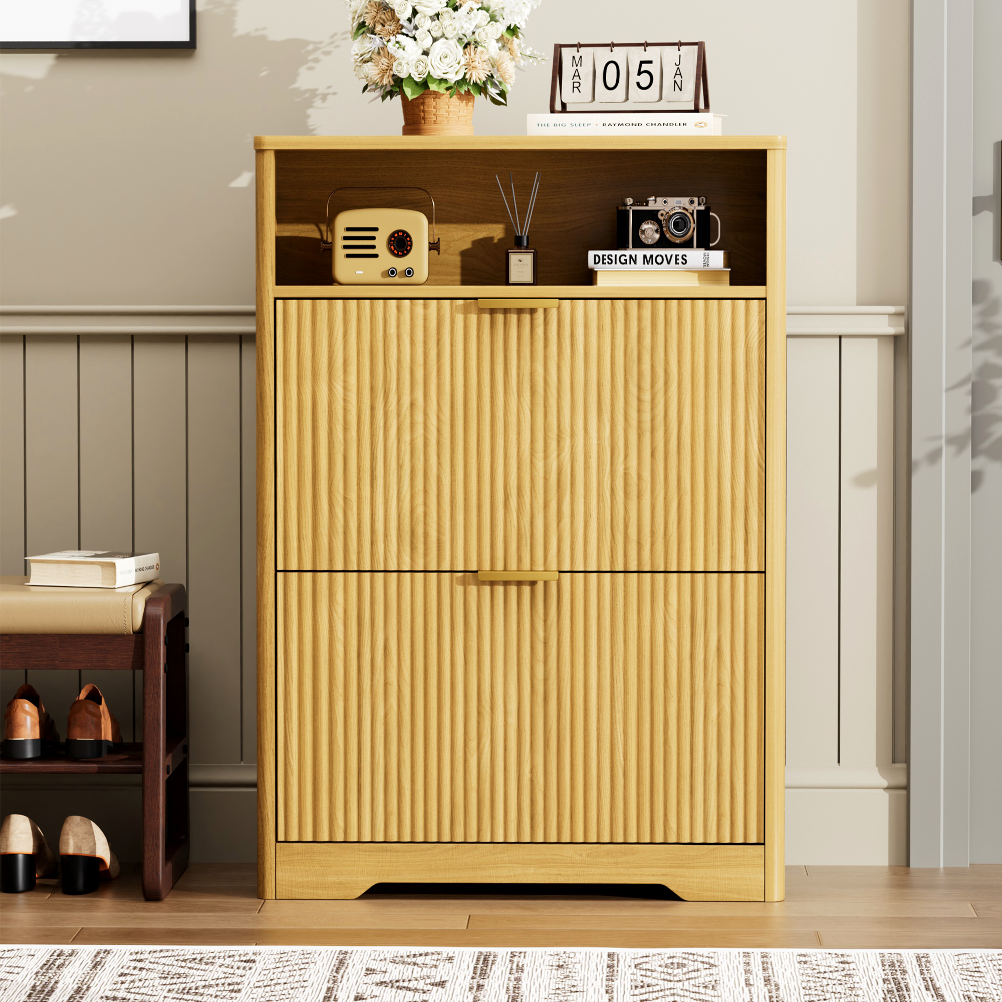 Anmytek Tall Free Standing Shoe Cabinet 2 Flip Drawers Hidden Shoe Storage Organizer for Entryway Foyer Hallway Natural Finish
