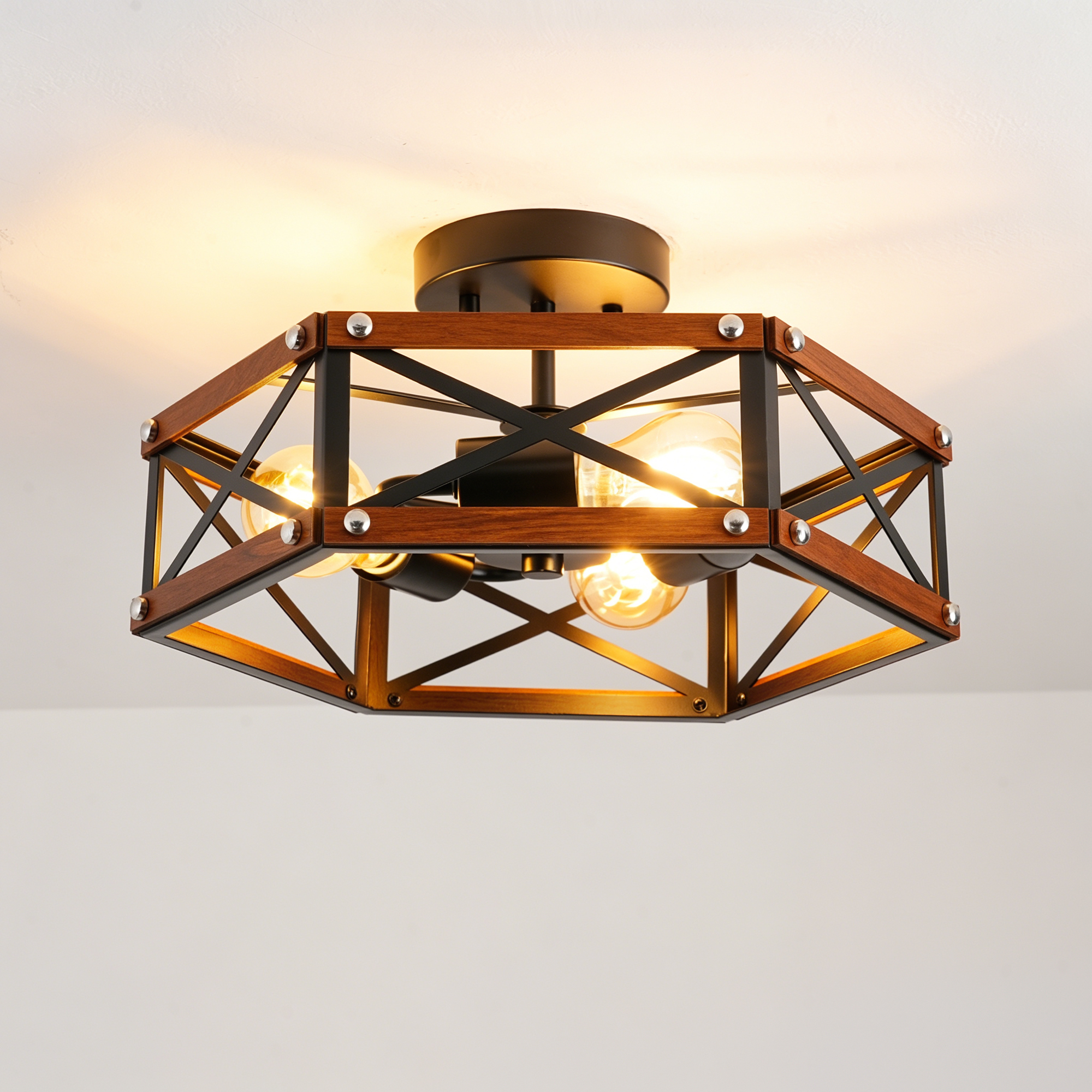 Anmytek 14.57‑Inch Rustic Farmhouse Wood and Metal Cage Semi Flush Mount Ceiling Light Fixture Matte Black for Hallway Entry Dining Bedroom Living Room