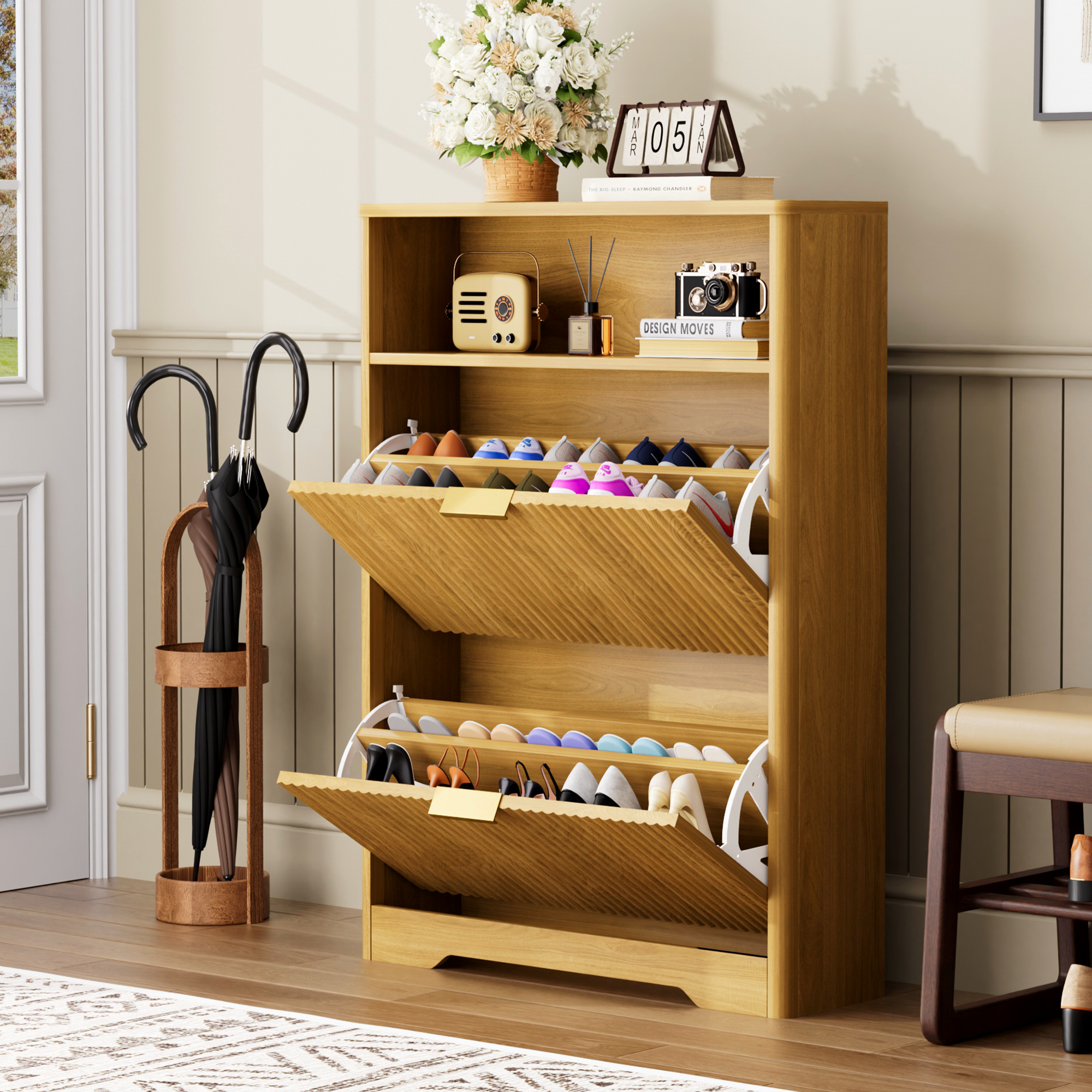 Anmytek Tall Free Standing Shoe Cabinet 2 Flip Drawers Hidden Shoe Storage Organizer for Entryway Foyer Hallway Natural Finish