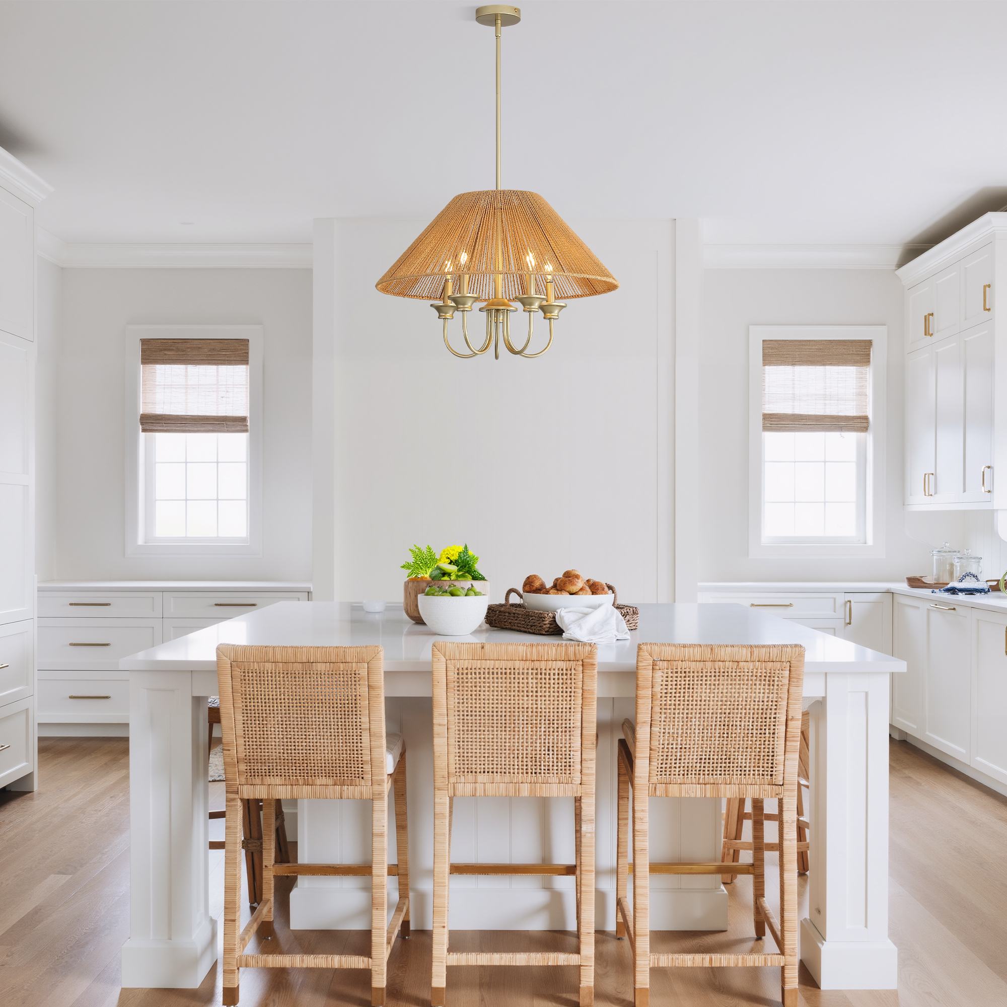 Anmytek Boho Hanging Pendant Light 15cm Down Rod Beige Paper Rope Lampshade Iron Ceiling Light Fixture with 12cm Canopy for Dining Room Kitchen Living Room