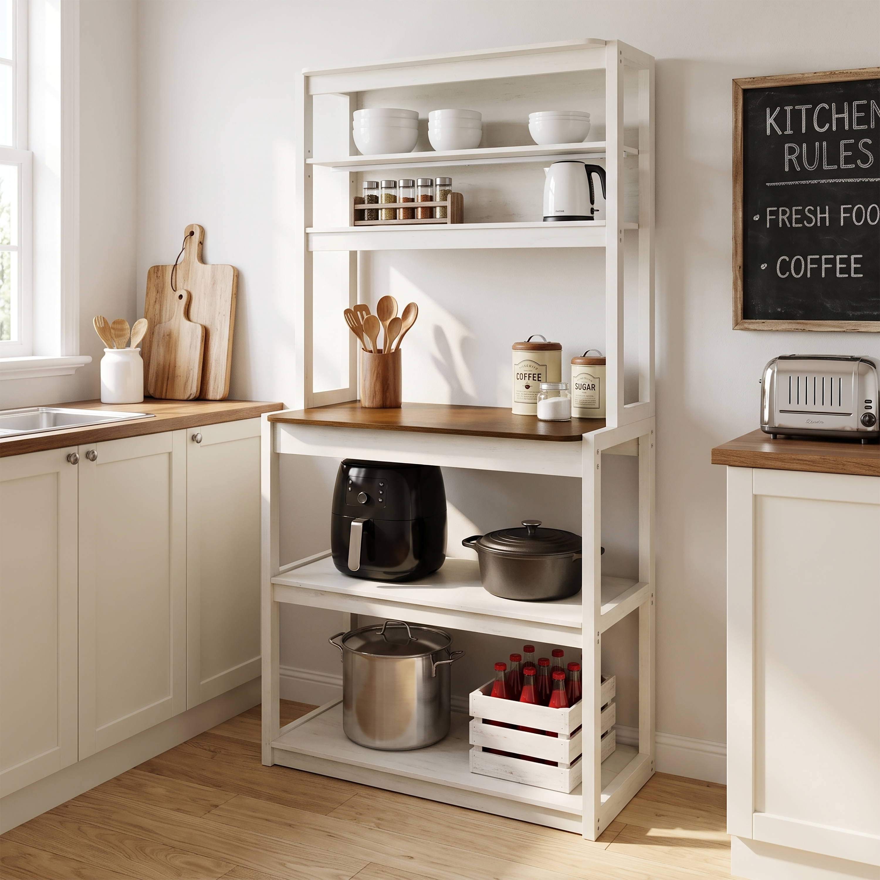Anmytek 5 Tier Bakers Rack White and Rustic Brown Kitchen Storage Organizer Coffee Bar Microwave Stand