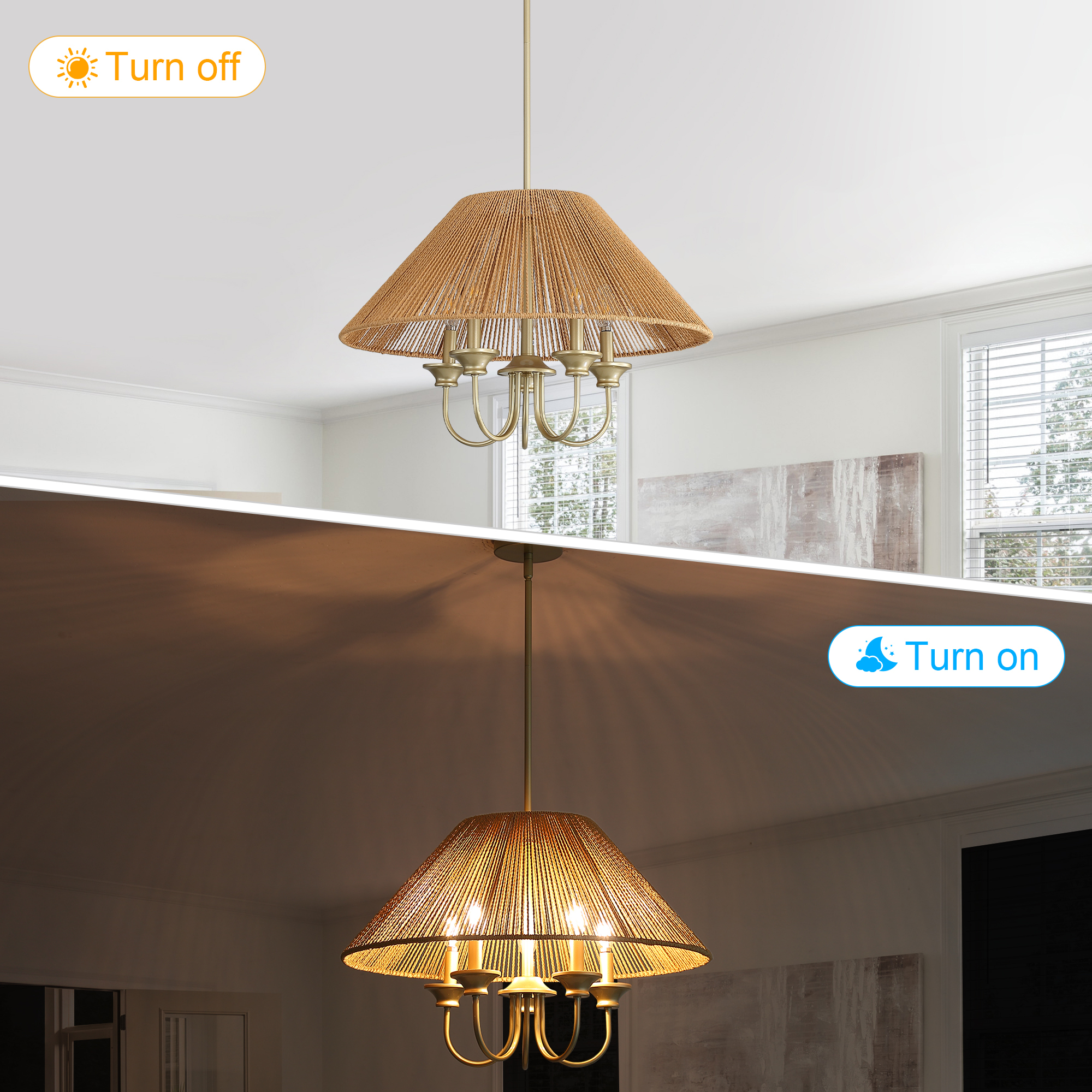Anmytek Boho Hanging Pendant Light 15cm Down Rod Beige Paper Rope Lampshade Iron Ceiling Light Fixture with 12cm Canopy for Dining Room Kitchen Living Room