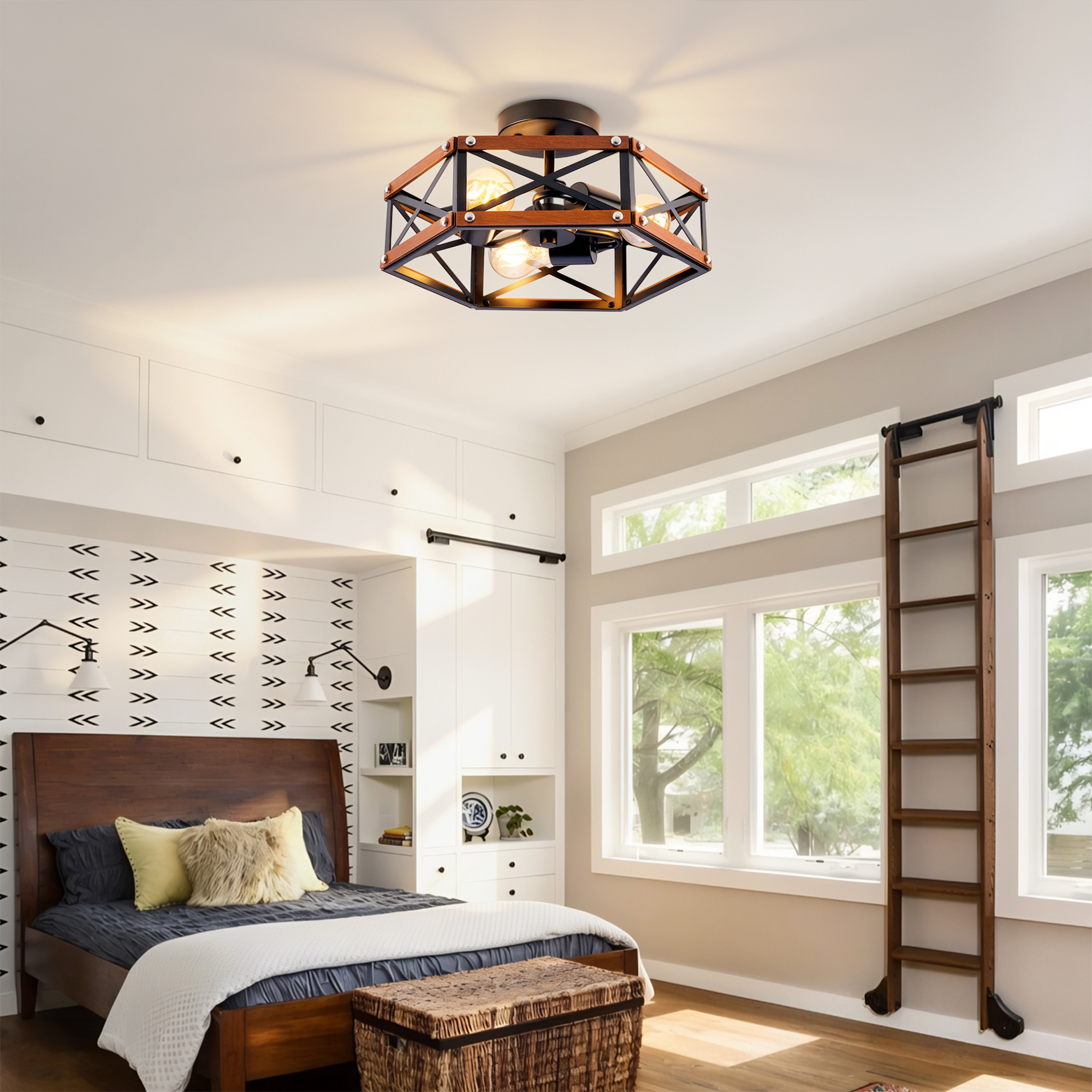 Anmytek 14.57‑Inch Rustic Farmhouse Wood and Metal Cage Semi Flush Mount Ceiling Light Fixture Matte Black for Hallway Entry Dining Bedroom Living Room
