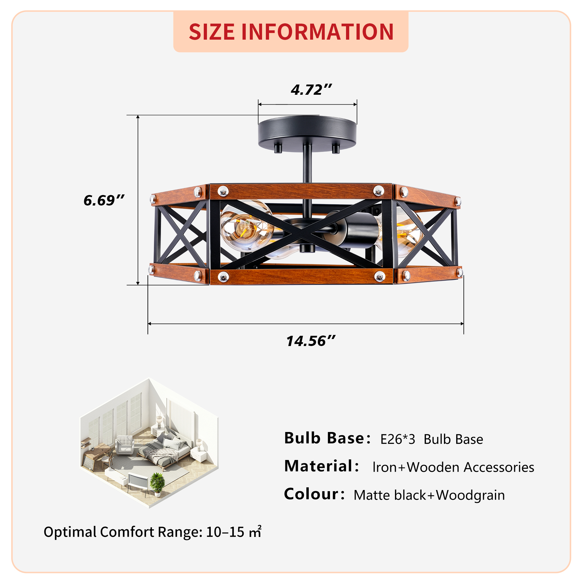 Anmytek 14.57‑Inch Rustic Farmhouse Wood and Metal Cage Semi Flush Mount Ceiling Light Fixture Matte Black for Hallway Entry Dining Bedroom Living Room