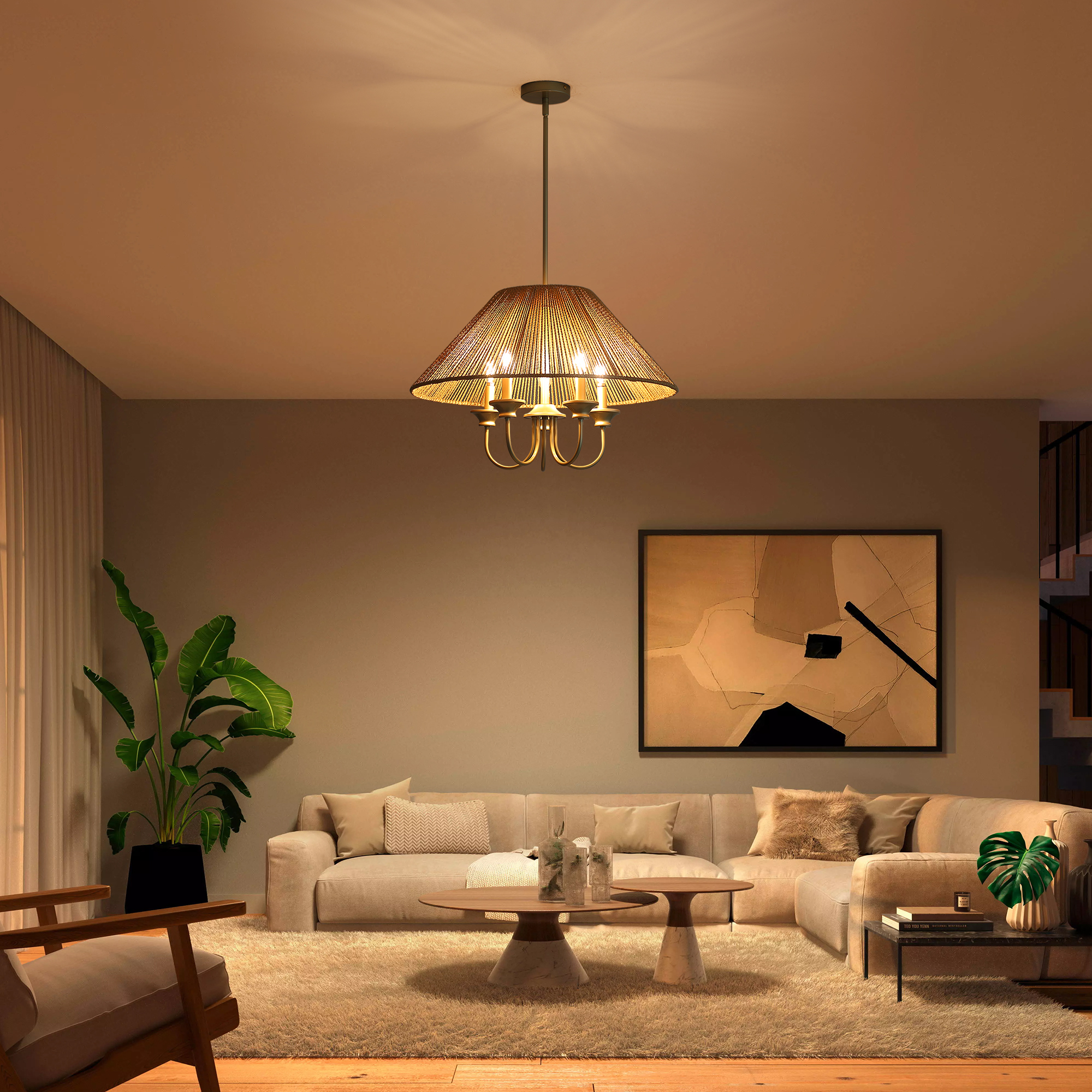 Anmytek Boho Hanging Pendant Light 15cm Down Rod Beige Paper Rope Lampshade Iron Ceiling Light Fixture with 12cm Canopy for Dining Room Kitchen Living Room