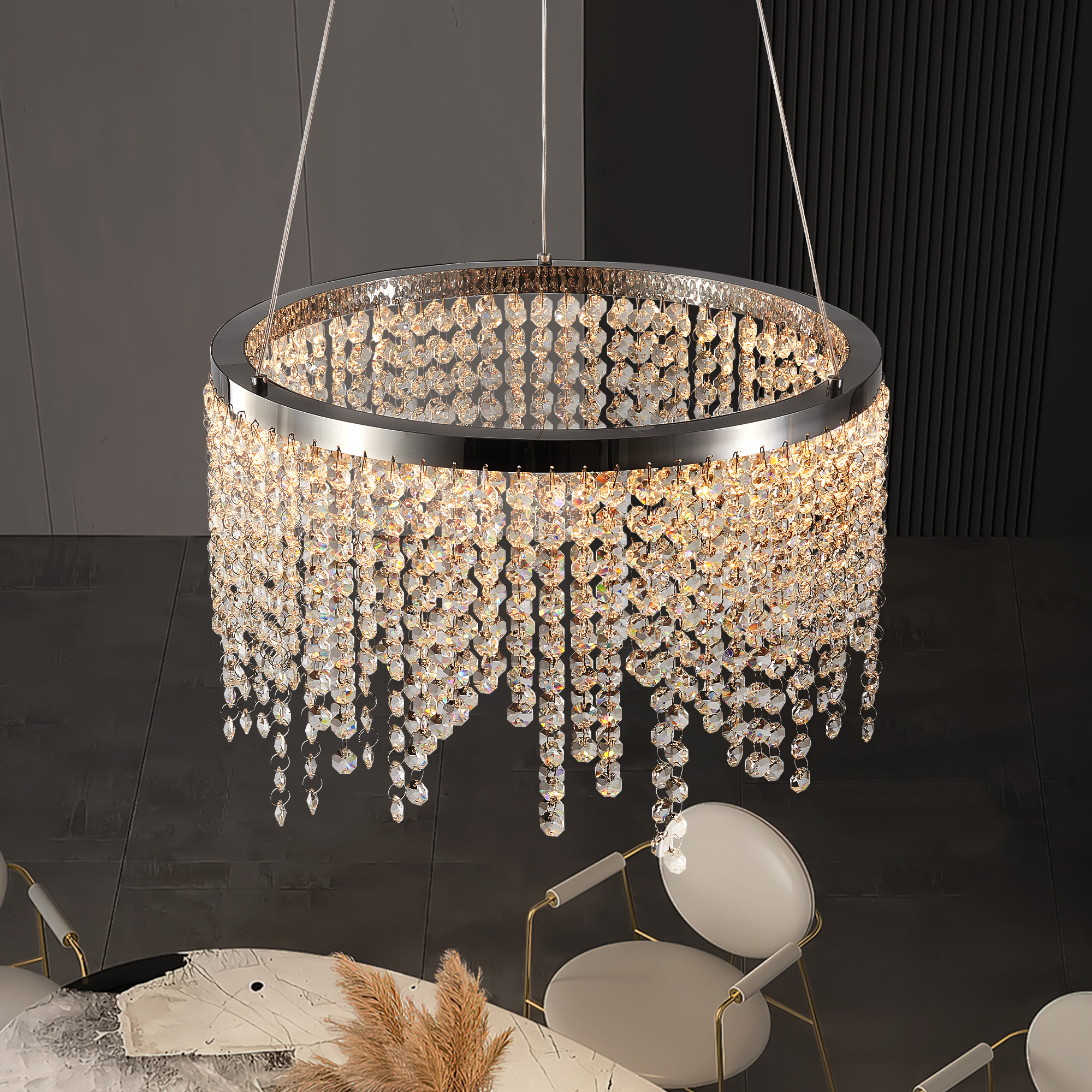 Anmytek 16‑Inch Luxury Crystal LED Chandelier Adjustable Height Color Temperature 3000K‑6000K Modern Pendant Light for Living Room Dining Room Bedroom