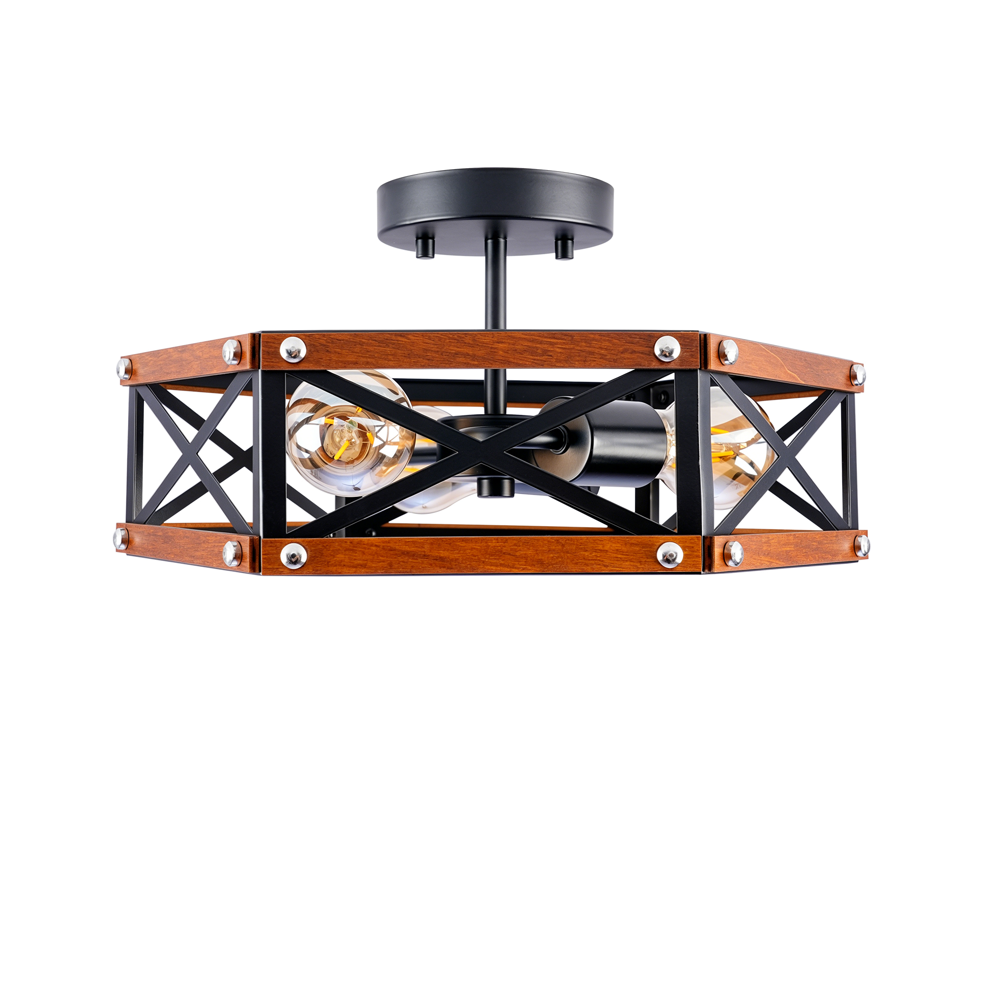Anmytek 14.57‑Inch Rustic Farmhouse Wood and Metal Cage Semi Flush Mount Ceiling Light Fixture Matte Black for Hallway Entry Dining Bedroom Living Room