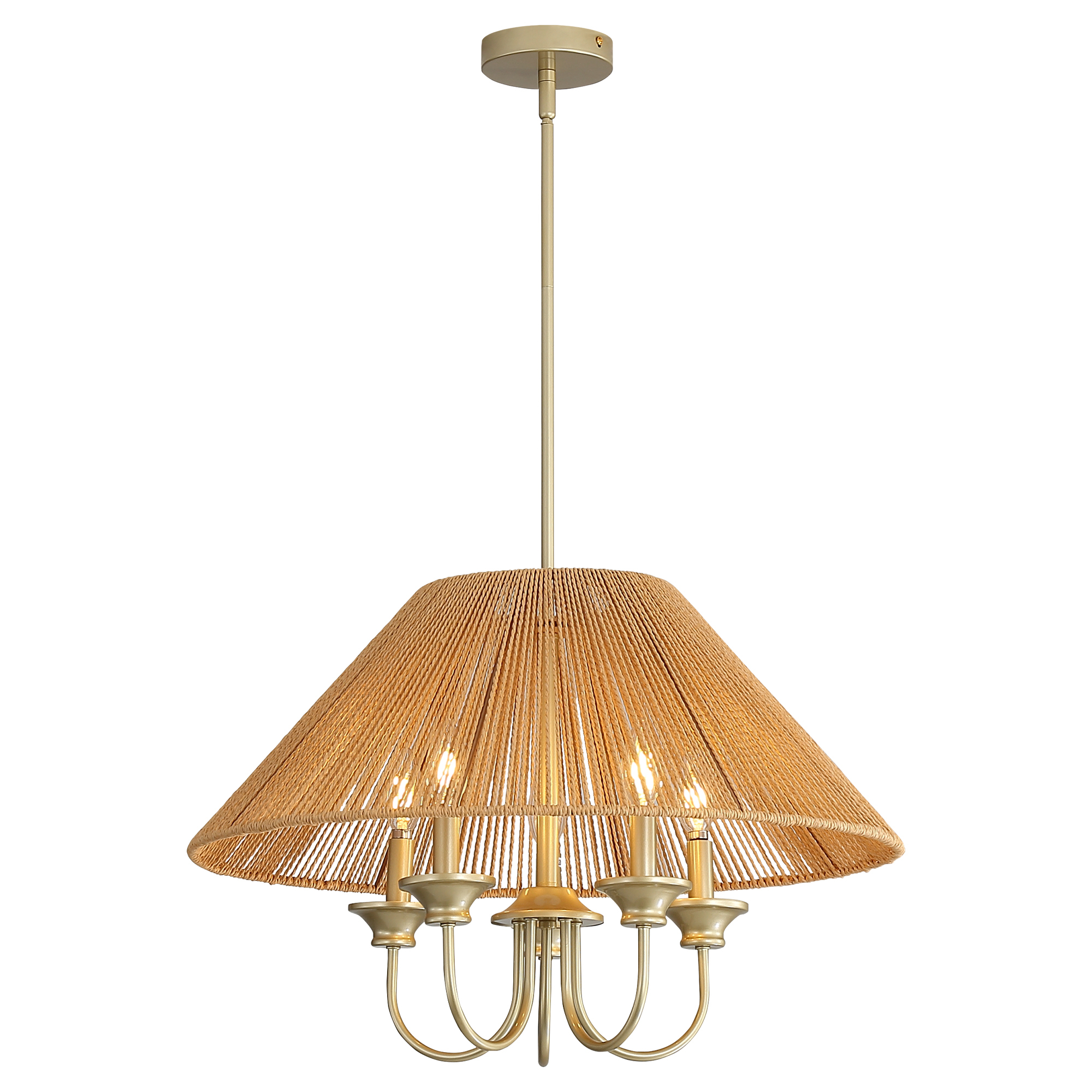 Anmytek Boho Hanging Pendant Light 15cm Down Rod Beige Paper Rope Lampshade Iron Ceiling Light Fixture with 12cm Canopy for Dining Room Kitchen Living Room