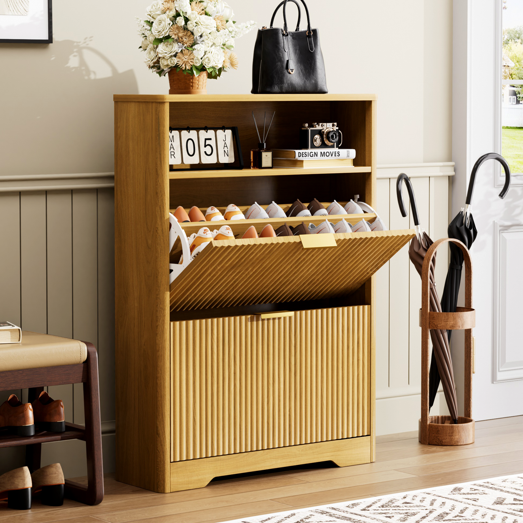 Anmytek Tall Free Standing Shoe Cabinet 2 Flip Drawers Hidden Shoe Storage Organizer for Entryway Foyer Hallway Natural Finish