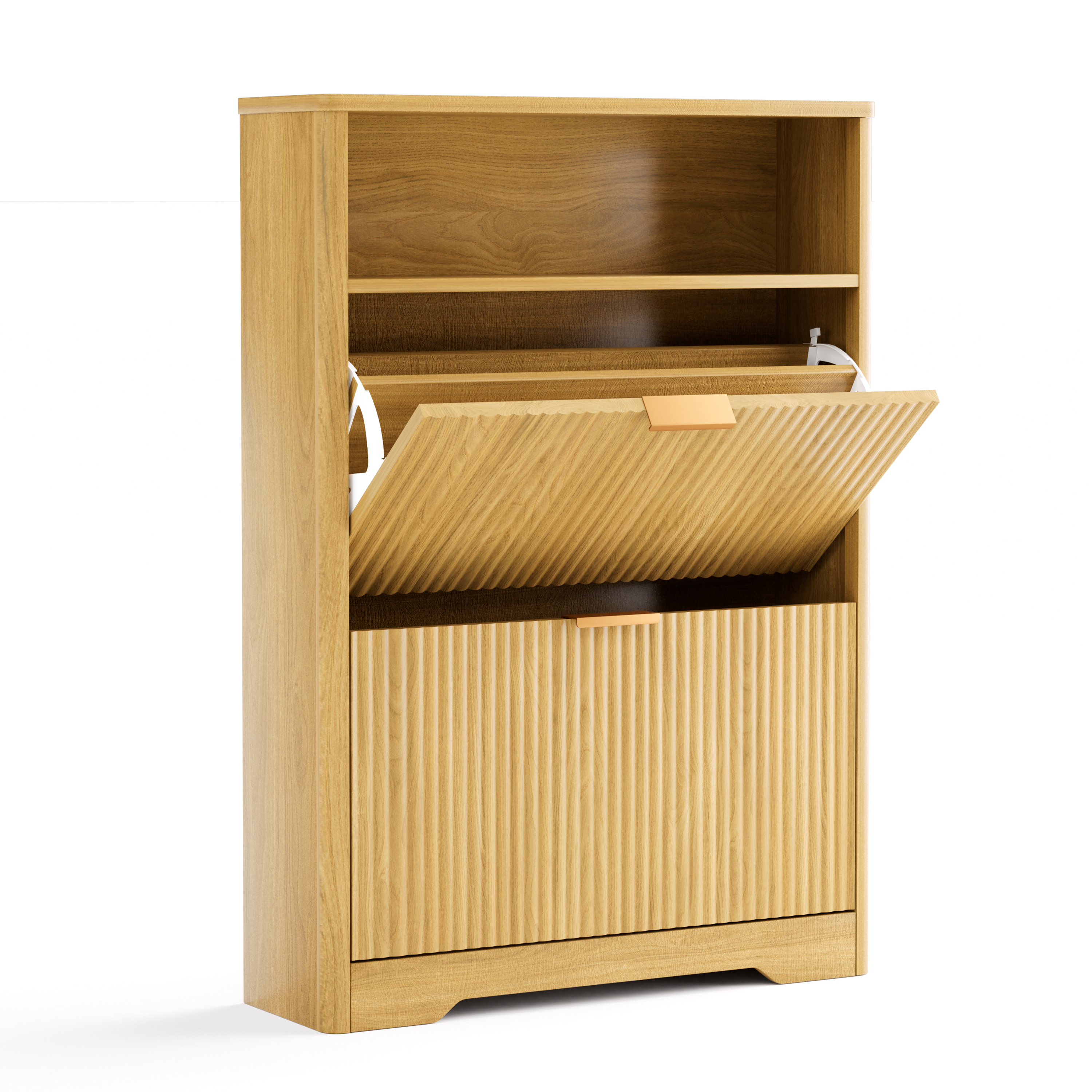 Anmytek Tall Free Standing Shoe Cabinet 2 Flip Drawers Hidden Shoe Storage Organizer for Entryway Foyer Hallway Natural Finish