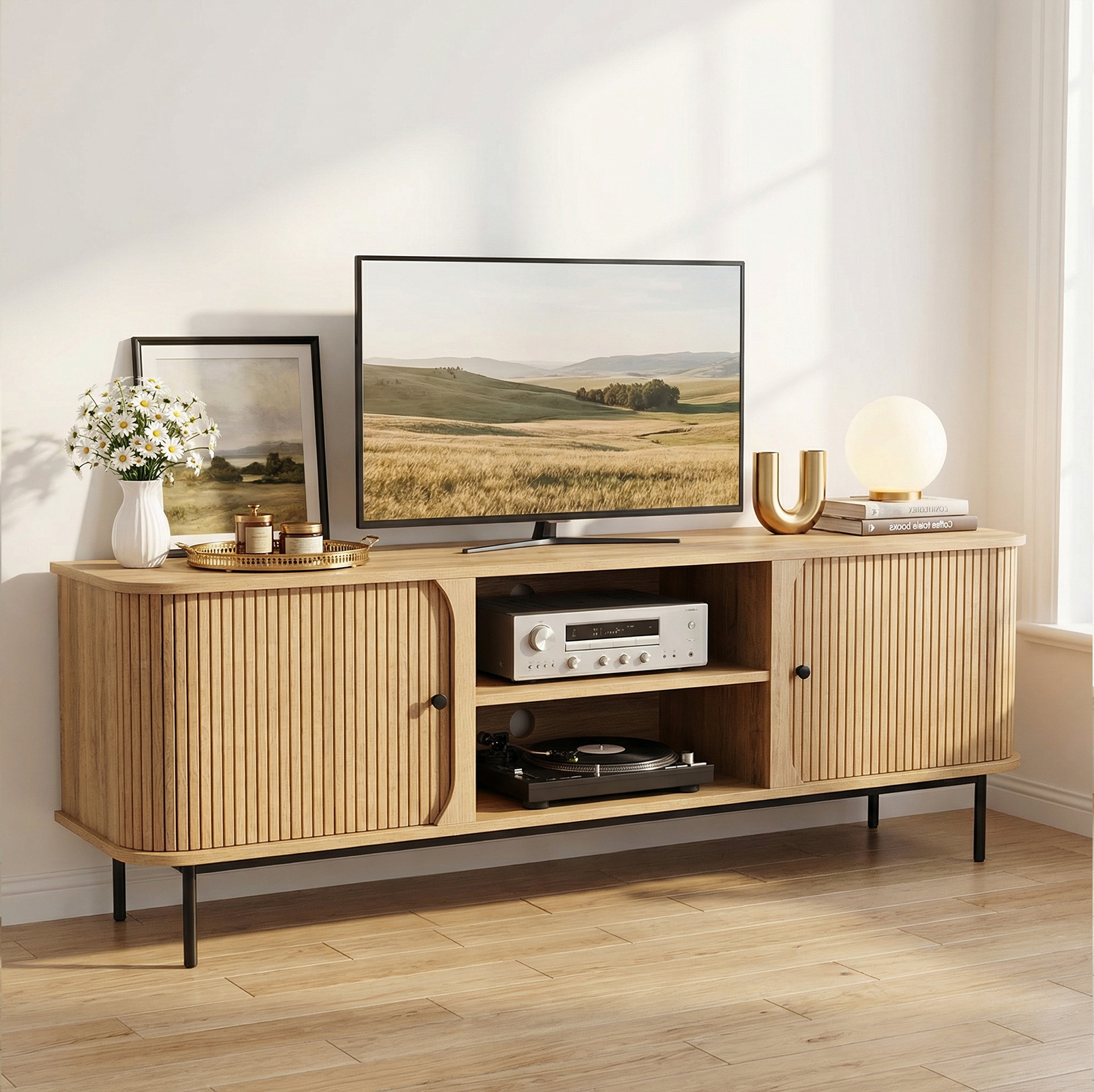 Anmytek 59 Inch TV Stand with Fluted Doors, Mid-Century Modern Media Console for TVs up to 65 Inch, Natural Oak Finish Entertainment Center with Open & Closed Storage, Cable Management & Metal Legs for Living Room