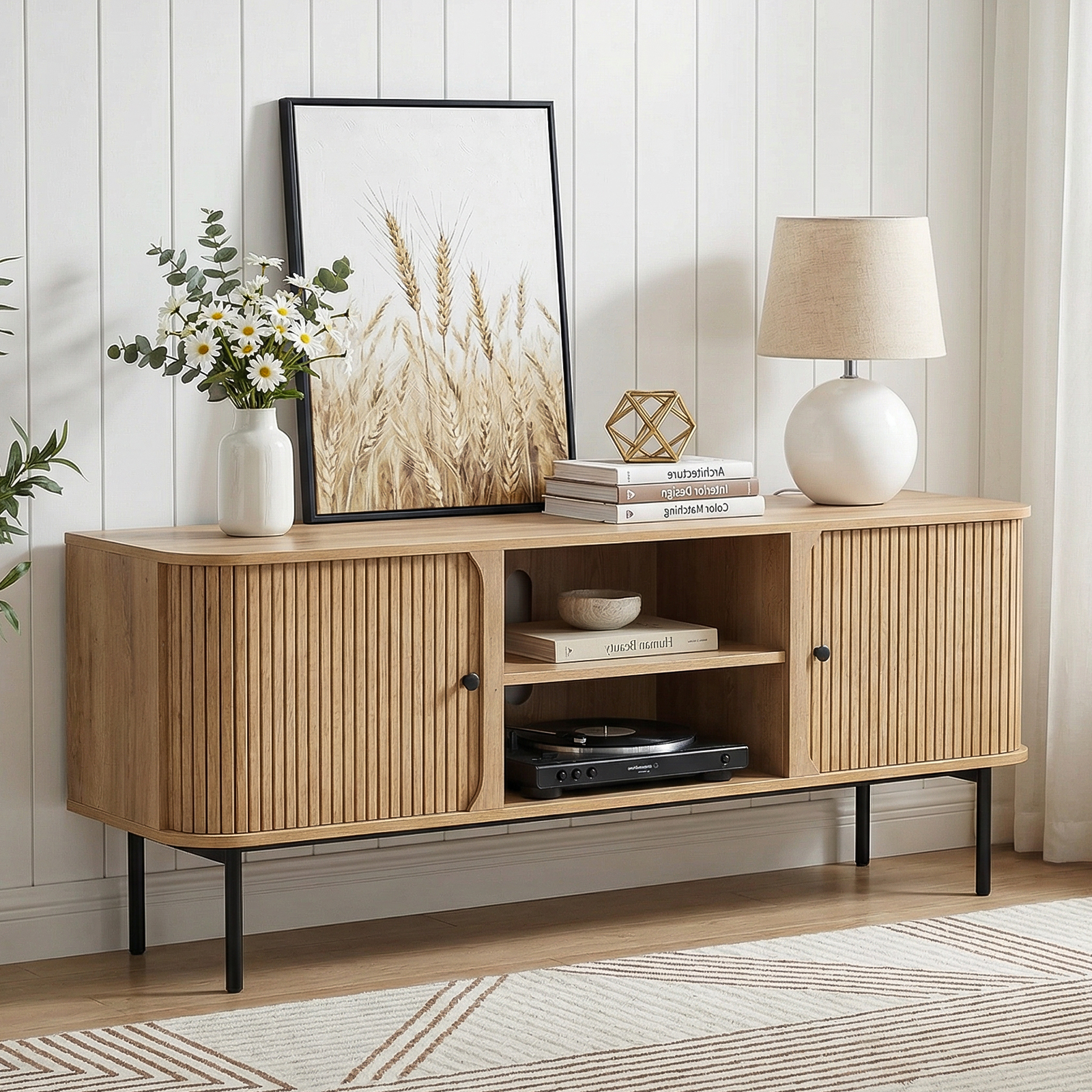 Anmytek 59 Inch TV Stand with Fluted Doors, Mid-Century Modern Media Console for TVs up to 65 Inch, Natural Oak Finish Entertainment Center with Open & Closed Storage, Cable Management & Metal Legs for Living Room