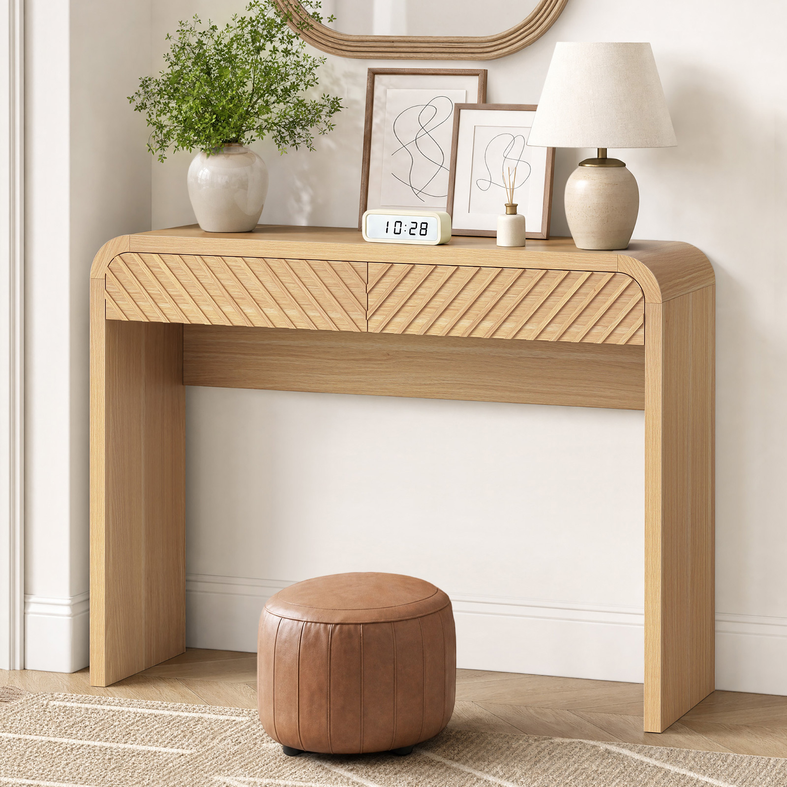 Anmytek 43 Inch Console Table with 2 Drawers, Modern Chevron Curved Entryway Table, Slim Sofa Side Table with Rounded Edges, Narrow Wooden Hallway Table Vanity Desk for Living Room, Natural Oak