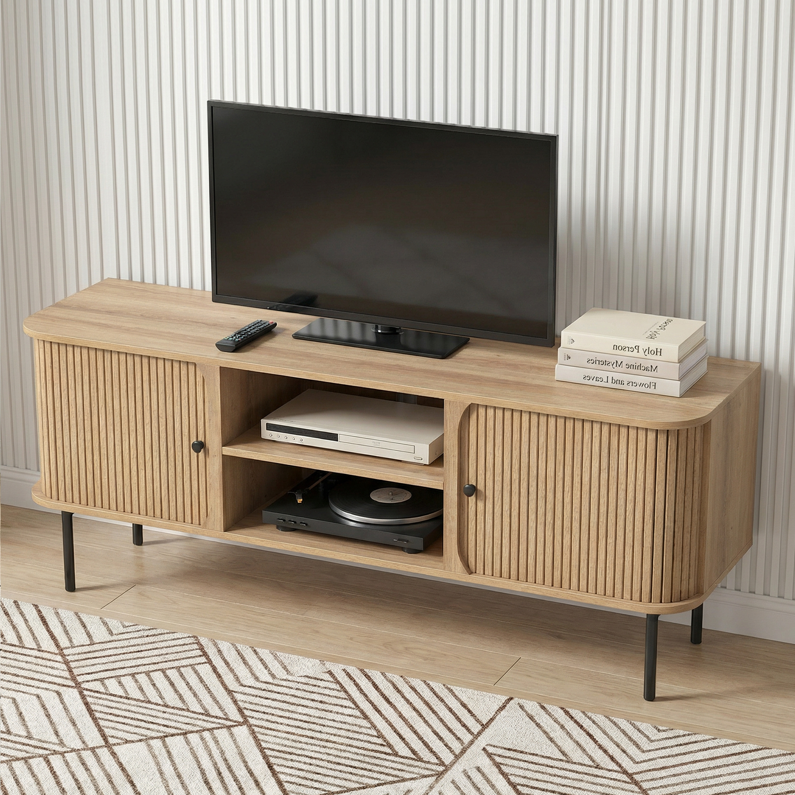 Anmytek 59 Inch TV Stand with Fluted Doors, Mid-Century Modern Media Console for TVs up to 65 Inch, Natural Oak Finish Entertainment Center with Open & Closed Storage, Cable Management & Metal Legs for Living Room
