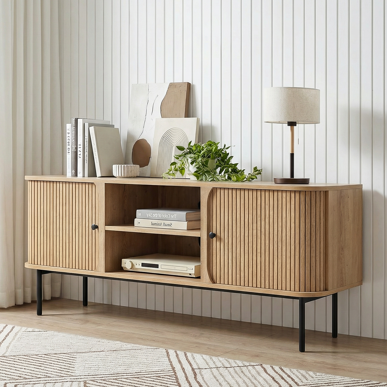 Anmytek 59 Inch TV Stand with Fluted Doors, Mid-Century Modern Media Console for TVs up to 65 Inch, Natural Oak Finish Entertainment Center with Open & Closed Storage, Cable Management & Metal Legs for Living Room