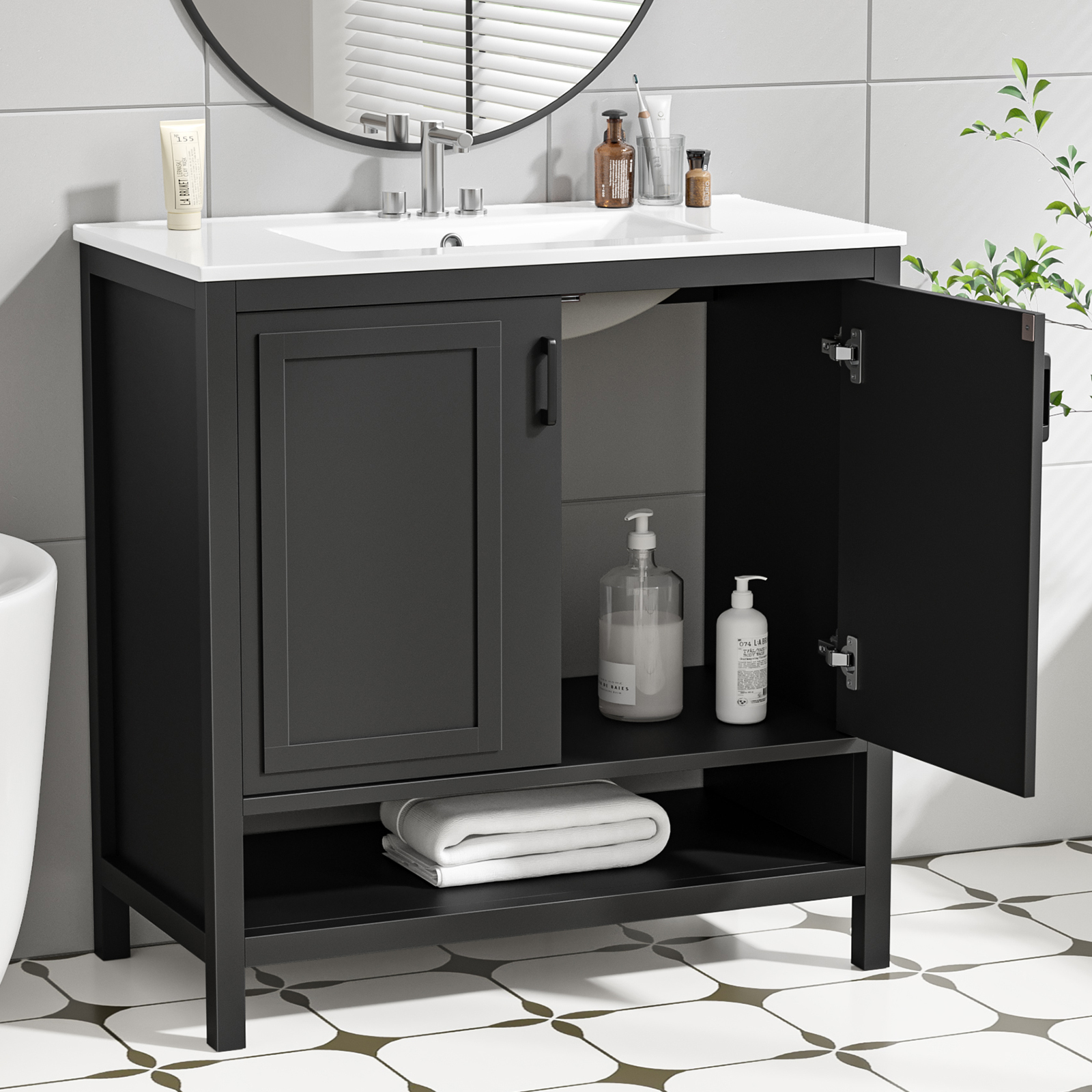 Anmytek 36 Inch Freestanding Bathroom Vanity with Ceramic Sink Combo, Modern Bathroom Storage Cabinet with 2 Doors & Open Bottom Shelf, Soft Close Hinges Bath Vanity Set, Black