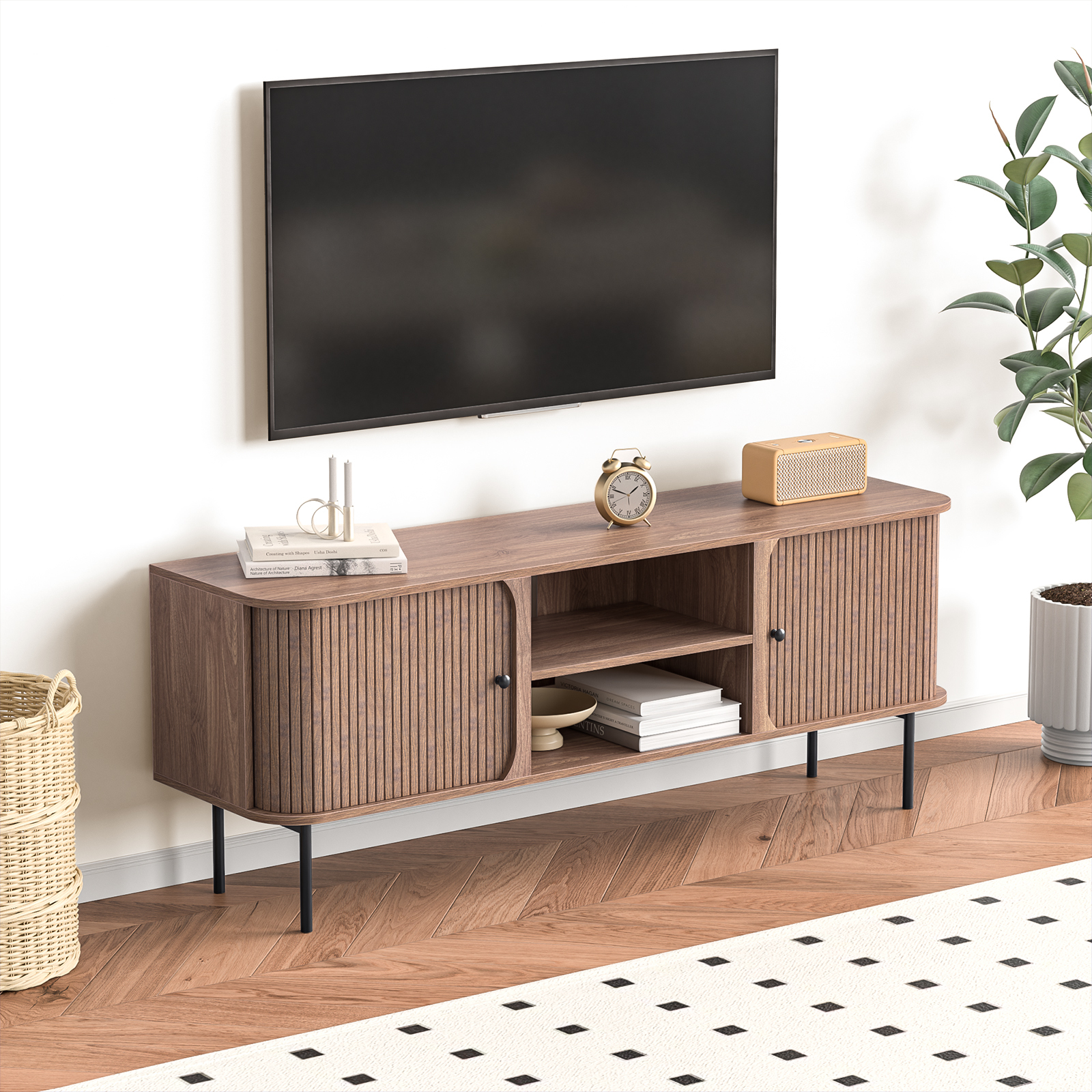 Anmytek 59 Inch TV Stand with Fluted Doors, Mid-Century Modern Media Console for TVs up to 65 Inch, Walnut Finish Entertainment Center with Open & Closed Storage, Cable Management & Metal Legs for Living Room