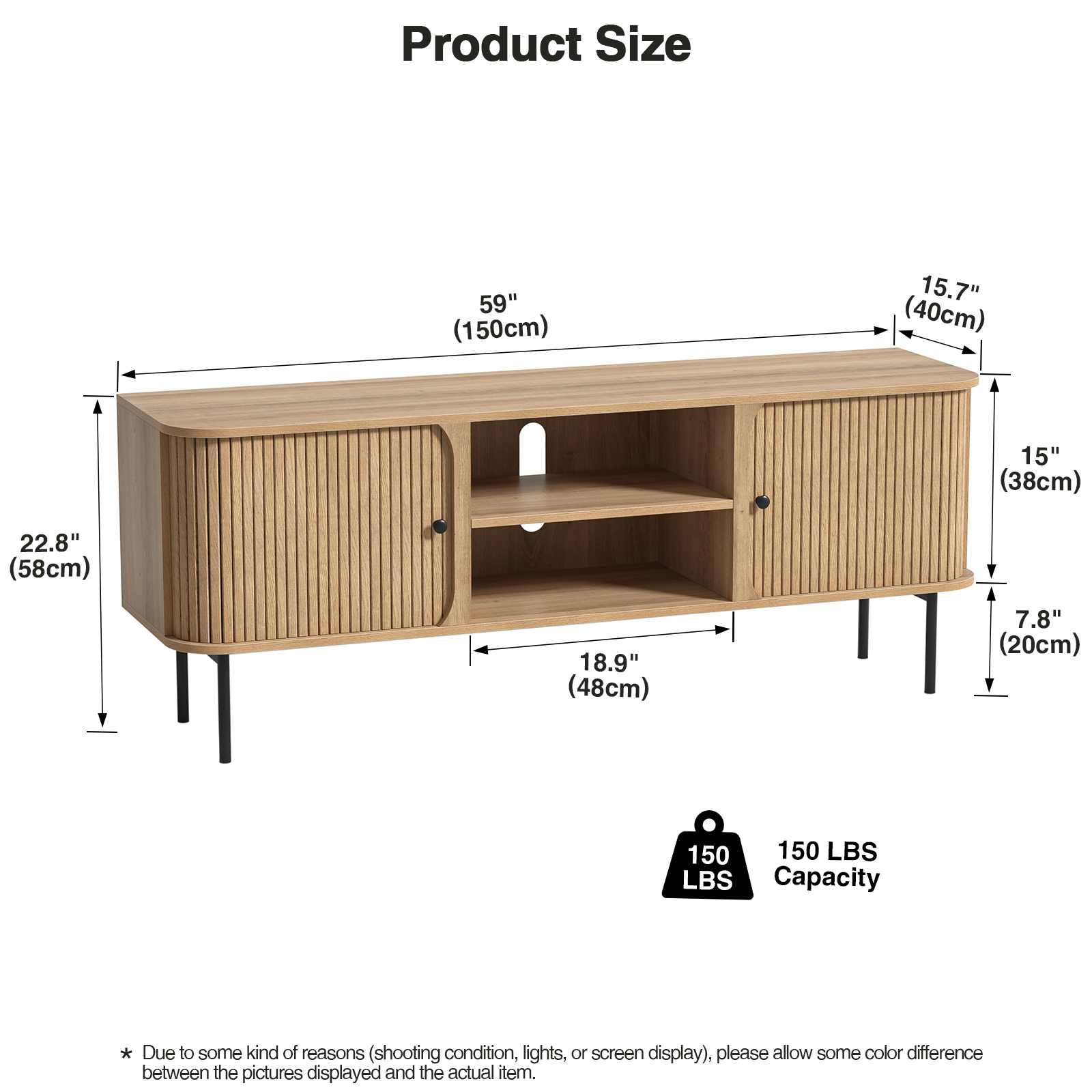 Anmytek 59 Inch TV Stand with Fluted Doors, Mid-Century Modern Media Console for TVs up to 65 Inch, Natural Oak Finish Entertainment Center with Open & Closed Storage, Cable Management & Metal Legs for Living Room