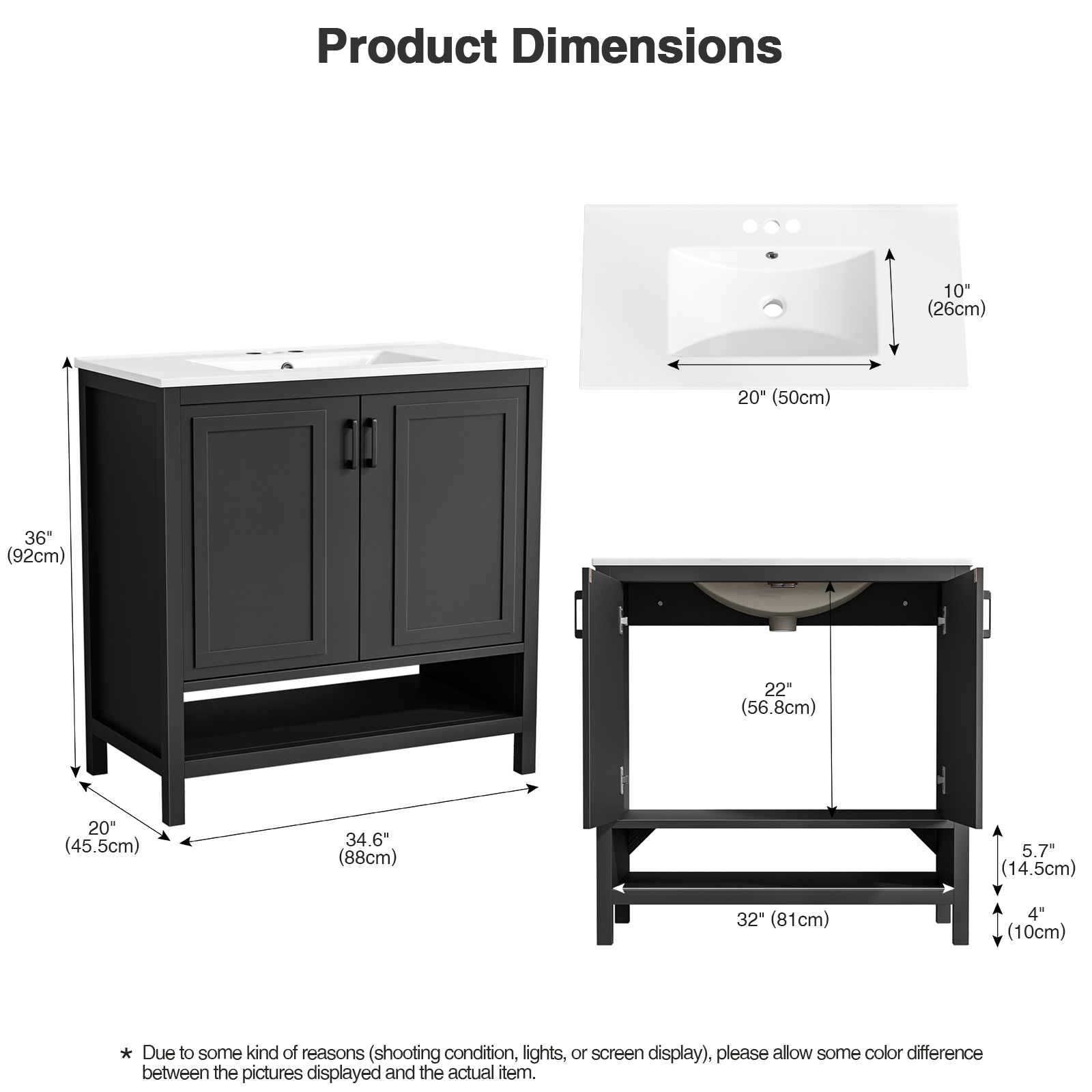 Anmytek 36 Inch Freestanding Bathroom Vanity with Ceramic Sink Combo, Modern Bathroom Storage Cabinet with 2 Doors & Open Bottom Shelf, Soft Close Hinges Bath Vanity Set, Black