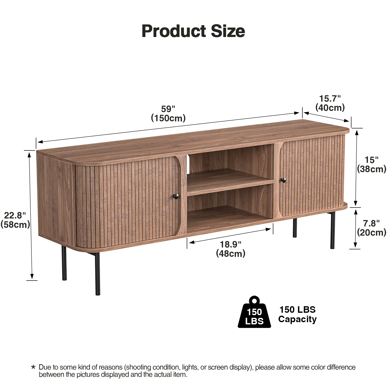 Anmytek 59 Inch TV Stand with Fluted Doors, Mid-Century Modern Media Console for TVs up to 65 Inch, Walnut Finish Entertainment Center with Open & Closed Storage, Cable Management & Metal Legs for Living Room