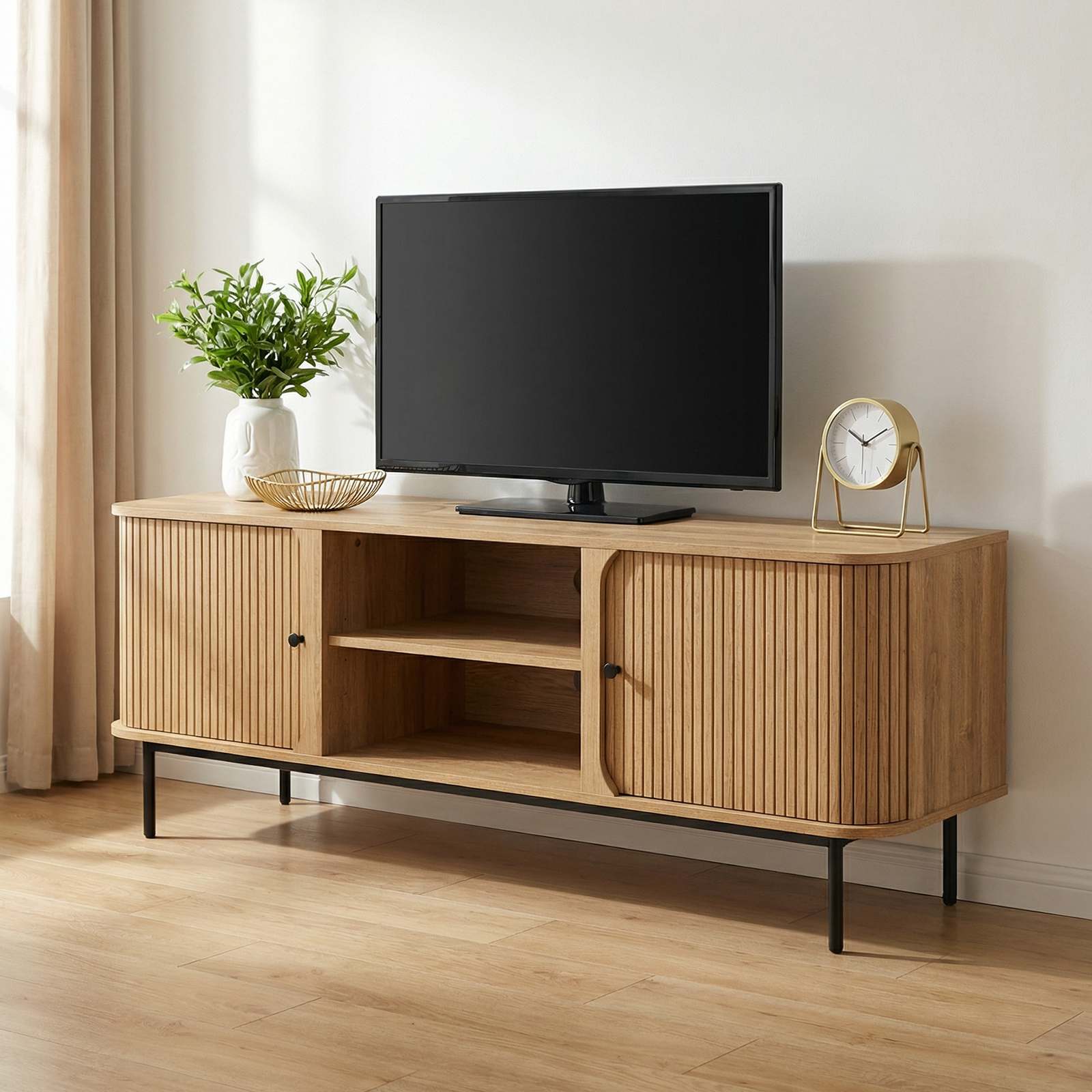 Anmytek 59 Inch TV Stand with Fluted Doors, Mid-Century Modern Media Console for TVs up to 65 Inch, Natural Oak Finish Entertainment Center with Open & Closed Storage, Cable Management & Metal Legs for Living Room