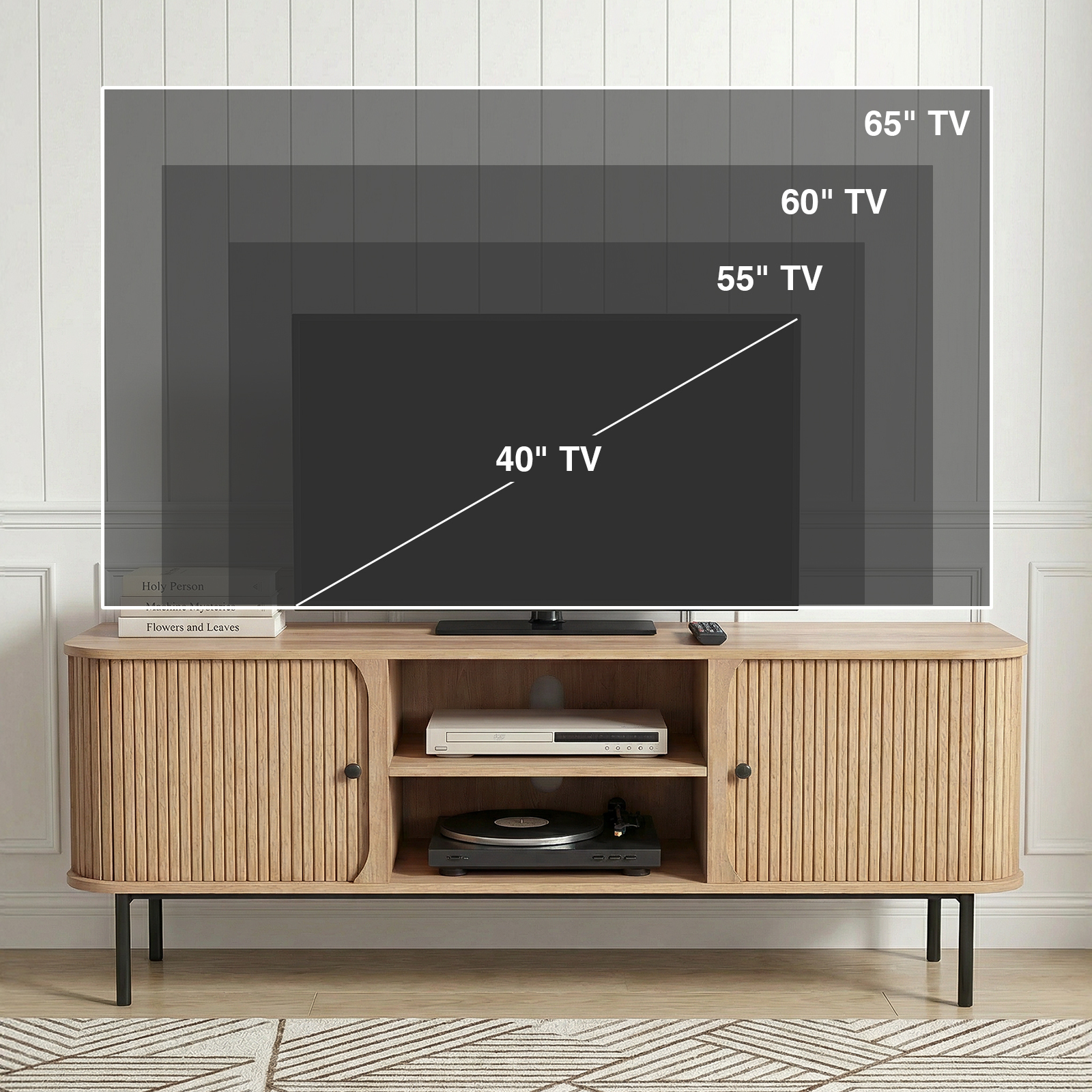 Anmytek 59 Inch TV Stand with Fluted Doors, Mid-Century Modern Media Console for TVs up to 65 Inch, Natural Oak Finish Entertainment Center with Open & Closed Storage, Cable Management & Metal Legs for Living Room
