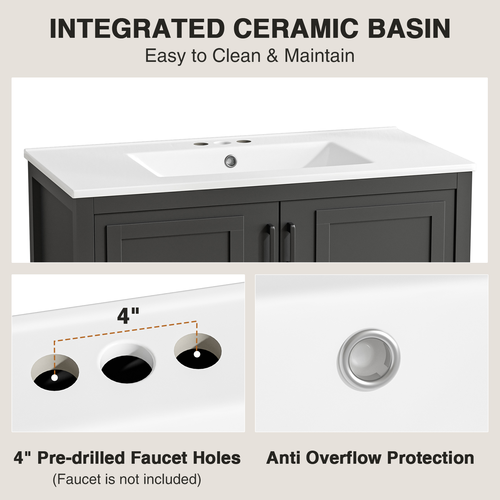 Anmytek 36 Inch Freestanding Bathroom Vanity with Ceramic Sink Combo, Modern Bathroom Storage Cabinet with 2 Doors & Open Bottom Shelf, Soft Close Hinges Bath Vanity Set, Black