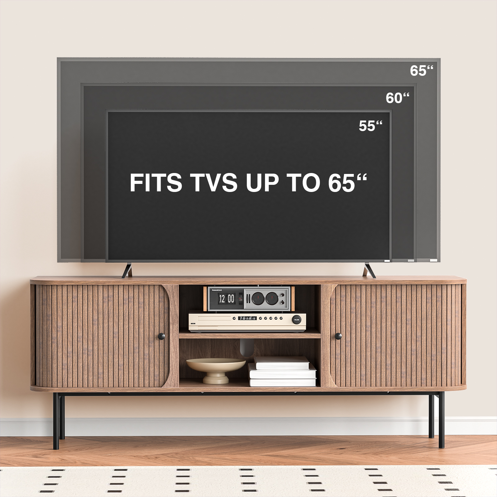 Anmytek 59 Inch TV Stand with Fluted Doors, Mid-Century Modern Media Console for TVs up to 65 Inch, Walnut Finish Entertainment Center with Open & Closed Storage, Cable Management & Metal Legs for Living Room