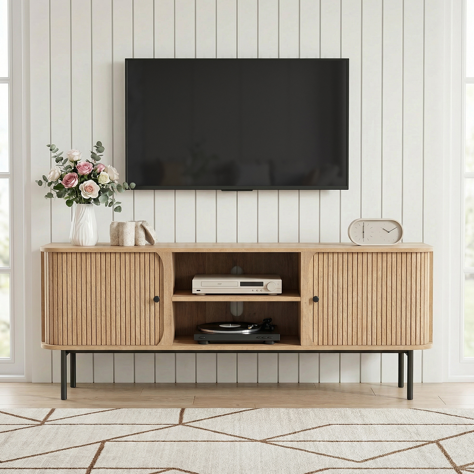 Anmytek 59 Inch TV Stand with Fluted Doors, Mid-Century Modern Media Console for TVs up to 65 Inch, Natural Oak Finish Entertainment Center with Open & Closed Storage, Cable Management & Metal Legs for Living Room