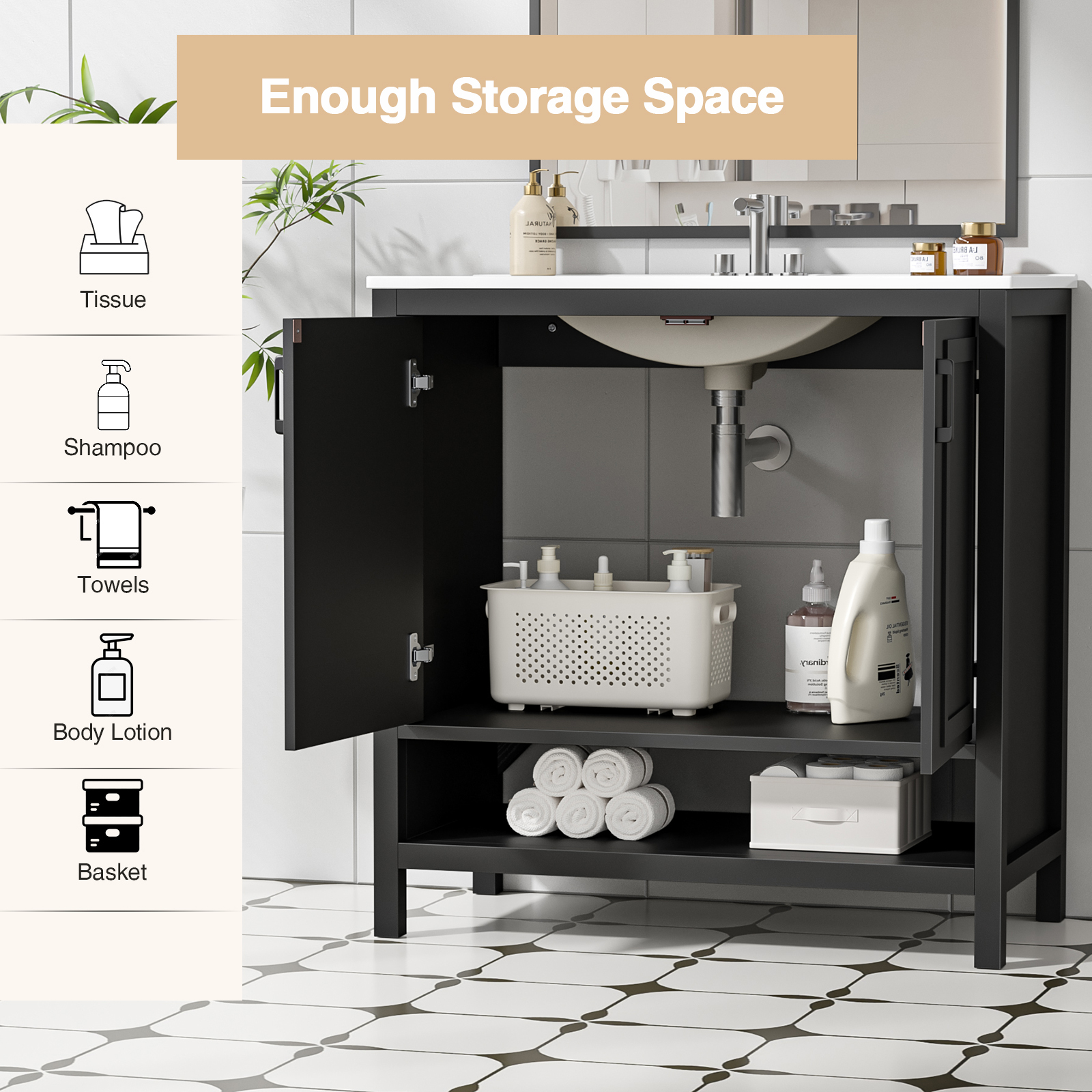 Anmytek 36 Inch Freestanding Bathroom Vanity with Ceramic Sink Combo, Modern Bathroom Storage Cabinet with 2 Doors & Open Bottom Shelf, Soft Close Hinges Bath Vanity Set, Black