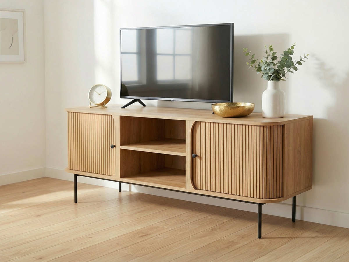 Anmytek 59 Inch TV Stand with Fluted Doors, Mid-Century Modern Media Console for TVs up to 65 Inch, Natural Oak Finish Entertainment Center with Open & Closed Storage, Cable Management & Metal Legs for Living Room