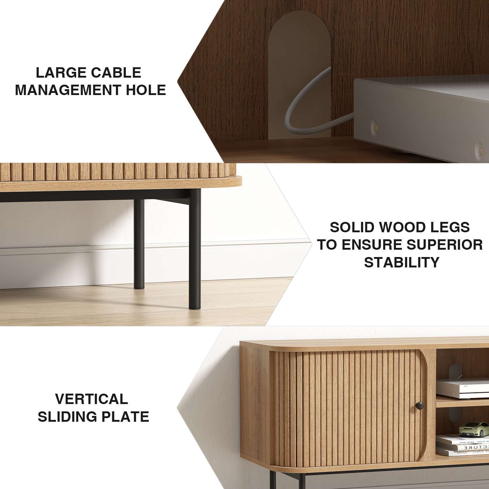 Anmytek 59 Inch TV Stand with Fluted Doors, Mid-Century Modern Media Console for TVs up to 65 Inch, Natural Oak Finish Entertainment Center with Open & Closed Storage, Cable Management & Metal Legs for Living Room