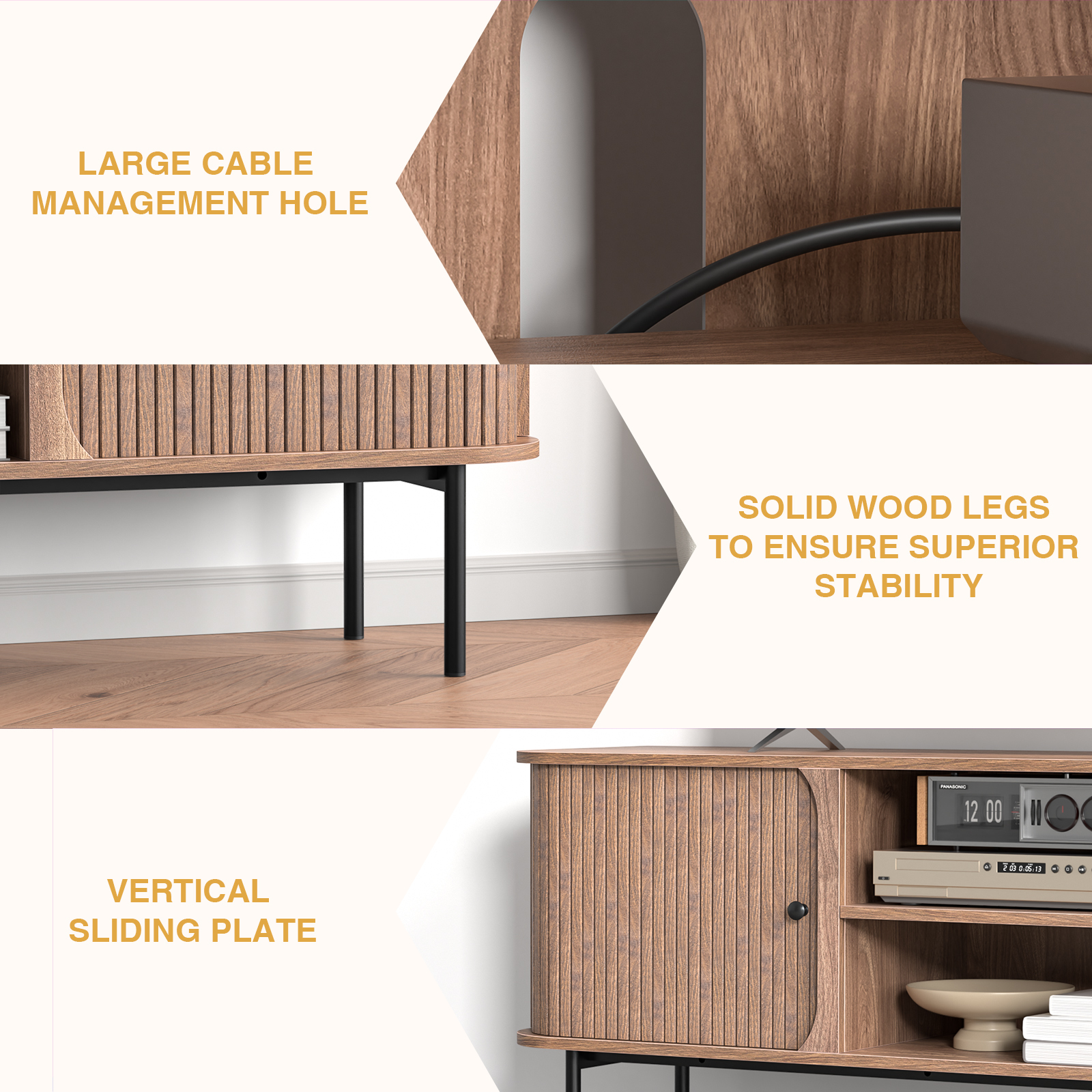 Anmytek 59 Inch TV Stand with Fluted Doors, Mid-Century Modern Media Console for TVs up to 65 Inch, Walnut Finish Entertainment Center with Open & Closed Storage, Cable Management & Metal Legs for Living Room