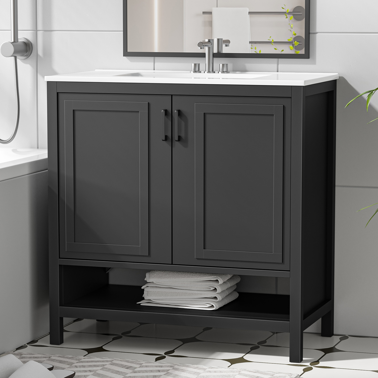 Anmytek 36 Inch Freestanding Bathroom Vanity with Ceramic Sink Combo, Modern Bathroom Storage Cabinet with 2 Doors & Open Bottom Shelf, Soft Close Hinges Bath Vanity Set, Black