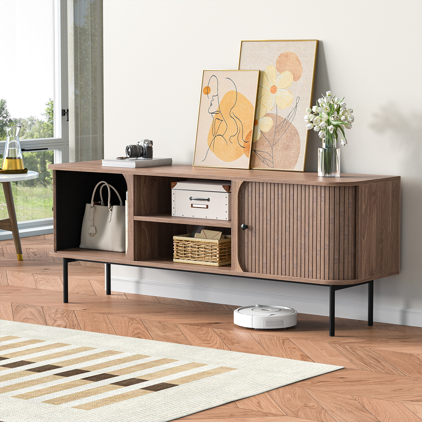 Anmytek 59 Inch TV Stand with Fluted Doors, Mid-Century Modern Media Console for TVs up to 65 Inch, Walnut Finish Entertainment Center with Open & Closed Storage, Cable Management & Metal Legs for Living Room
