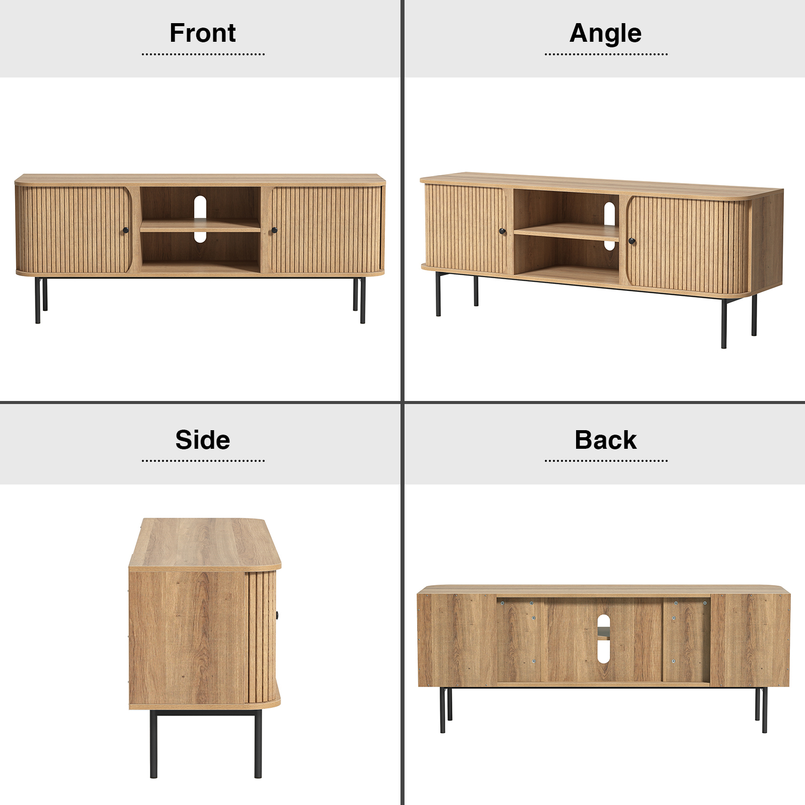 Anmytek 59 Inch TV Stand with Fluted Doors, Mid-Century Modern Media Console for TVs up to 65 Inch, Natural Oak Finish Entertainment Center with Open & Closed Storage, Cable Management & Metal Legs for Living Room