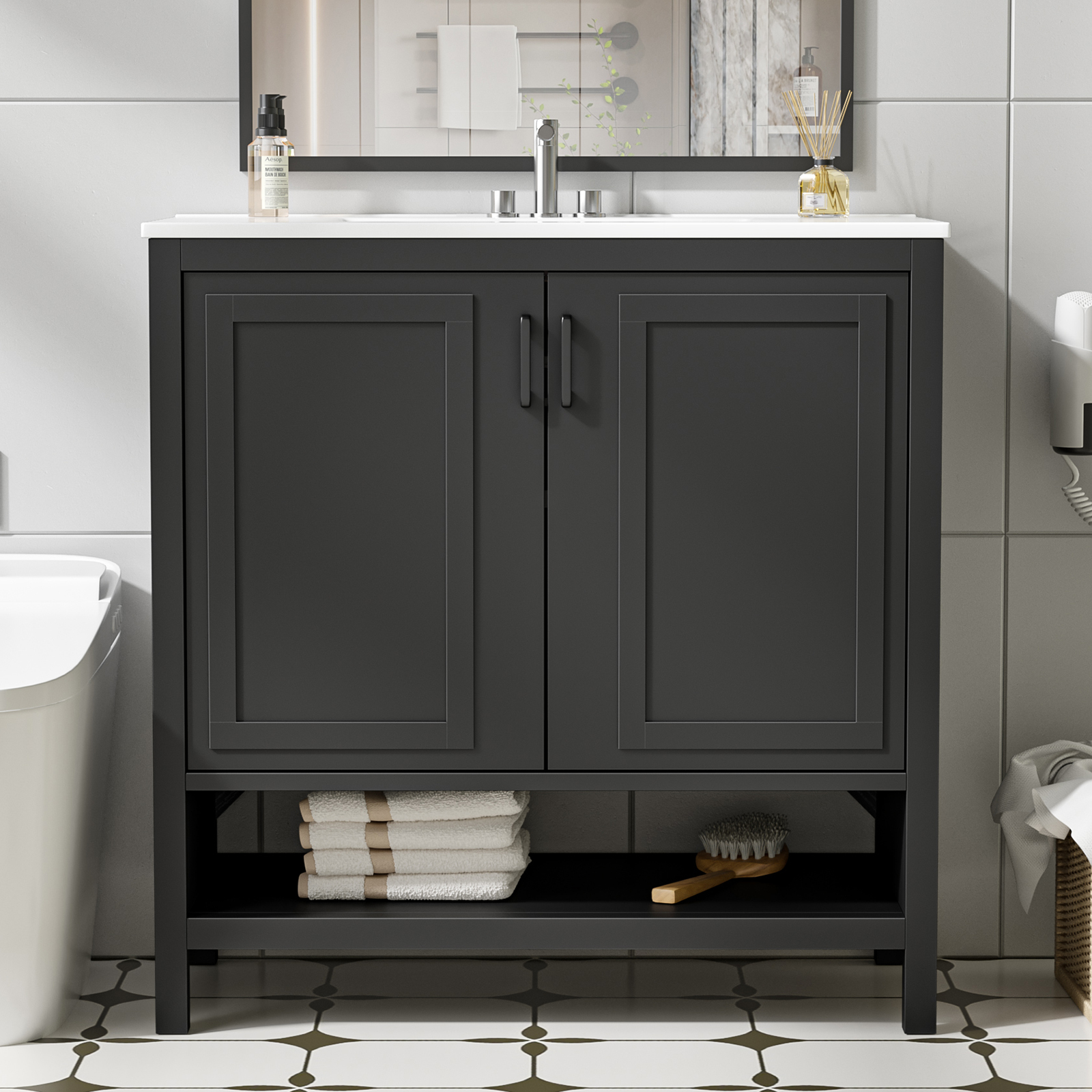 Anmytek 36 Inch Freestanding Bathroom Vanity with Ceramic Sink Combo, Modern Bathroom Storage Cabinet with 2 Doors & Open Bottom Shelf, Soft Close Hinges Bath Vanity Set, Black